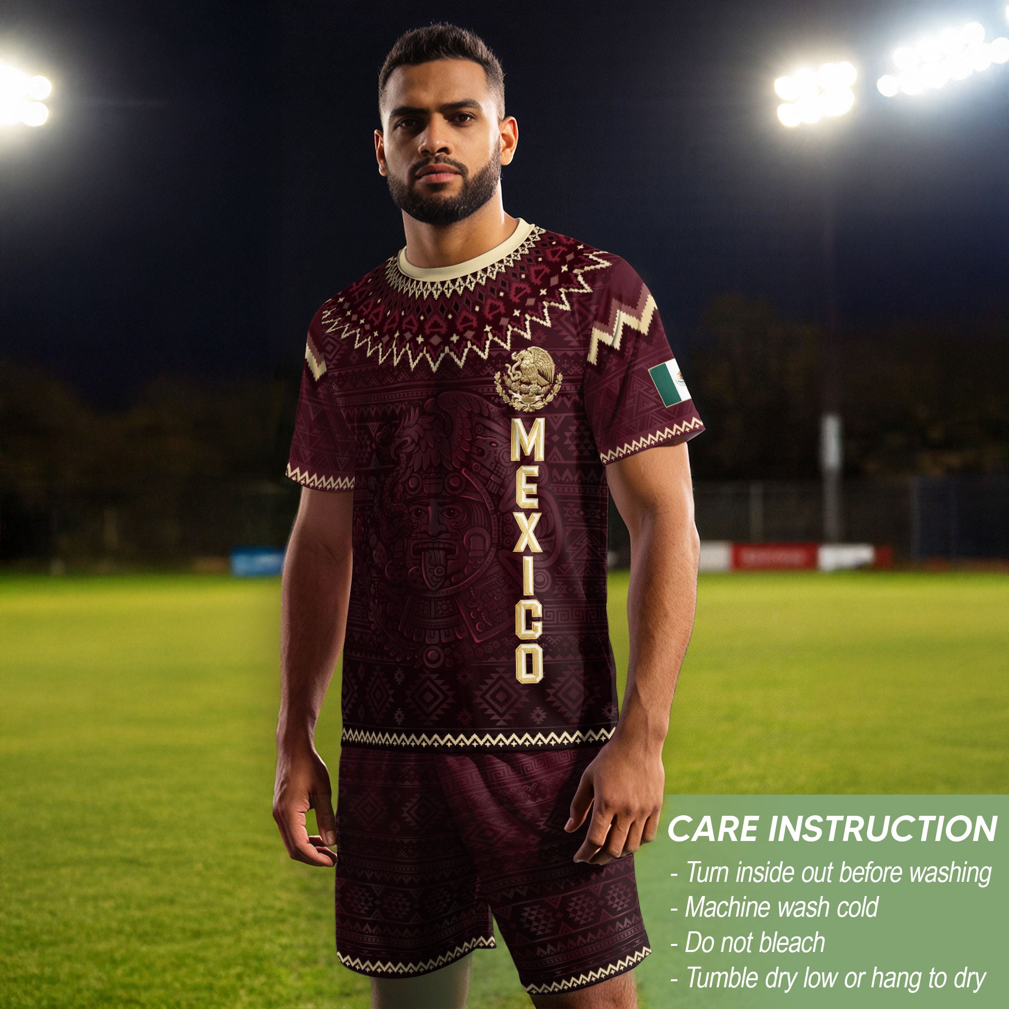 Mexico Heritage Soccer Jersey, Maroon Burgundy Gold Aztec Eagle Design Sports Jersey for Men