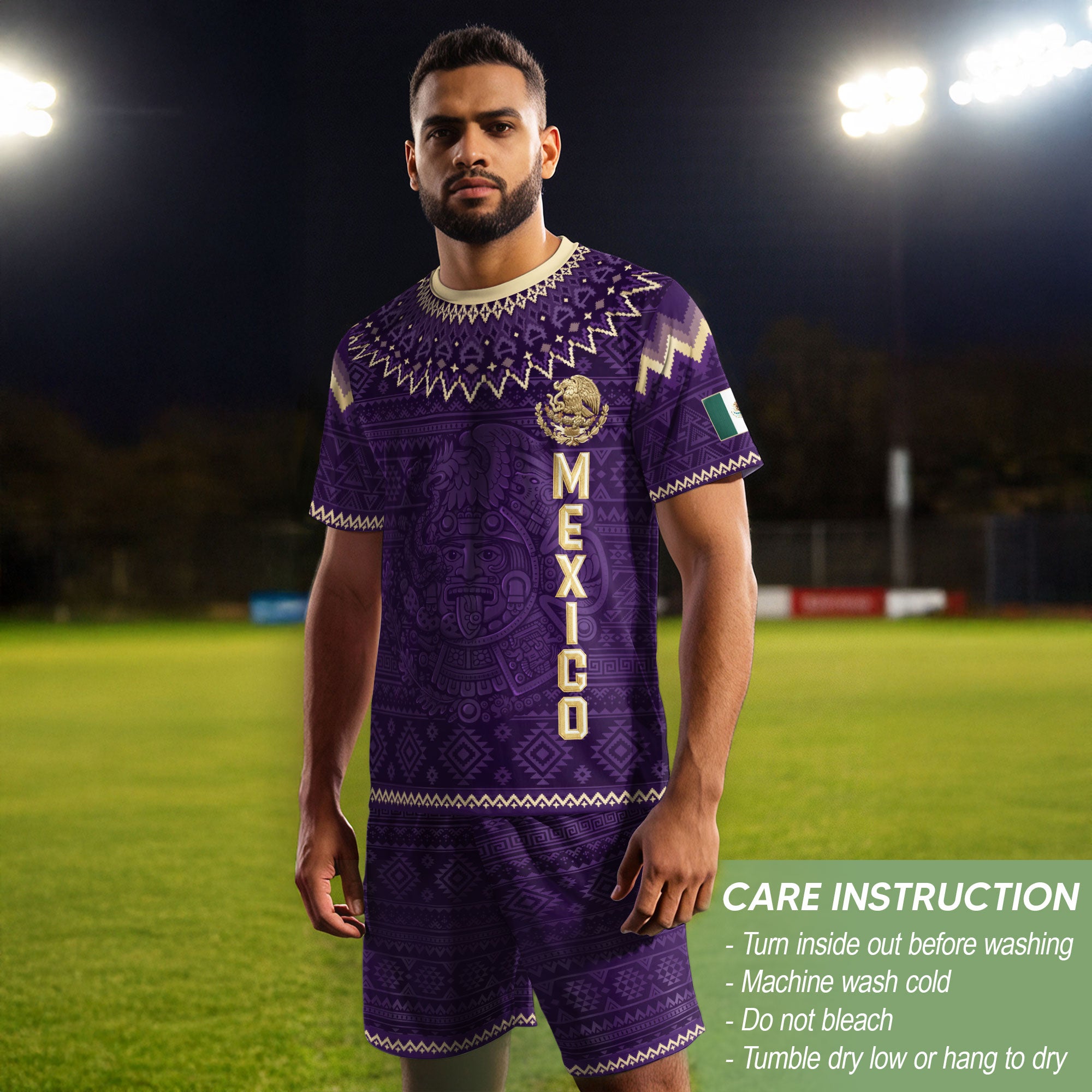 Mexico Heritage Soccer Jersey, Purple Gold Aztec Calendar Design Sports Jersey for Men