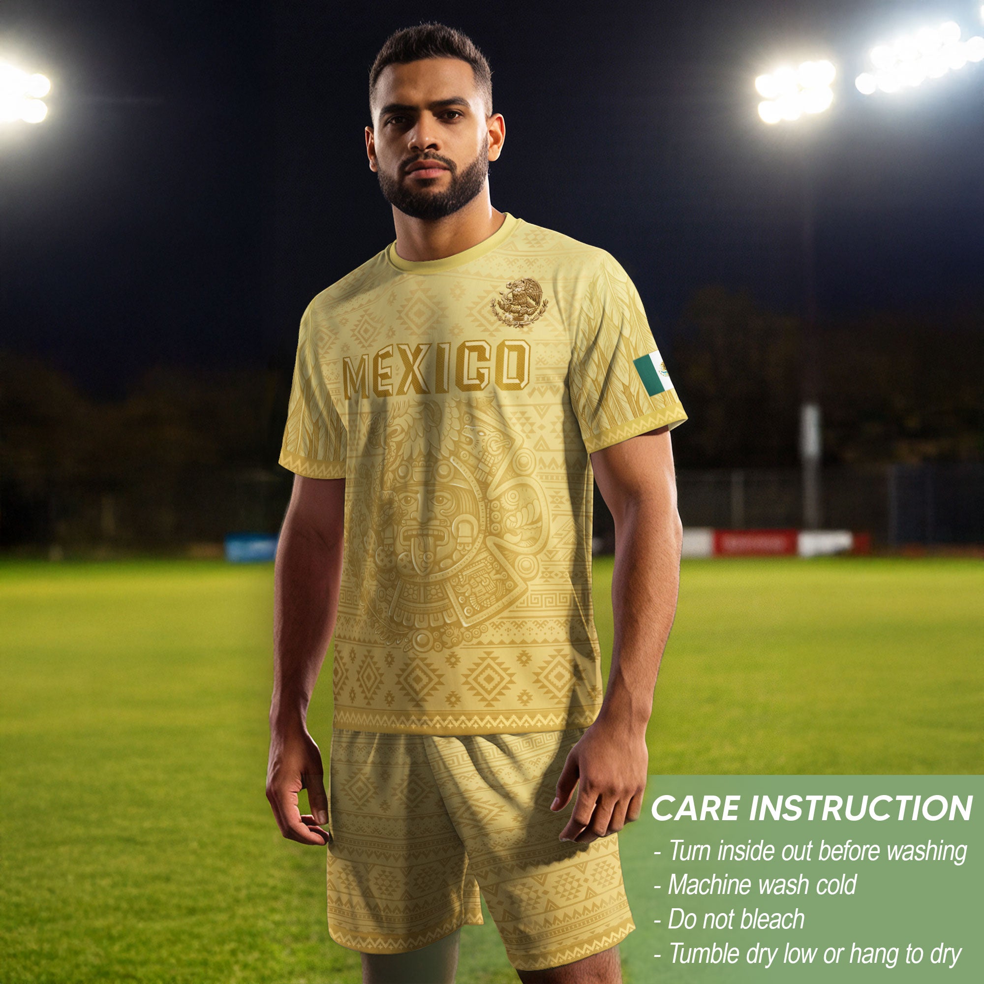 Mexico Heritage Soccer Jersey, Yellow Gold Aztec Calendar Design Sports Jersey for Men