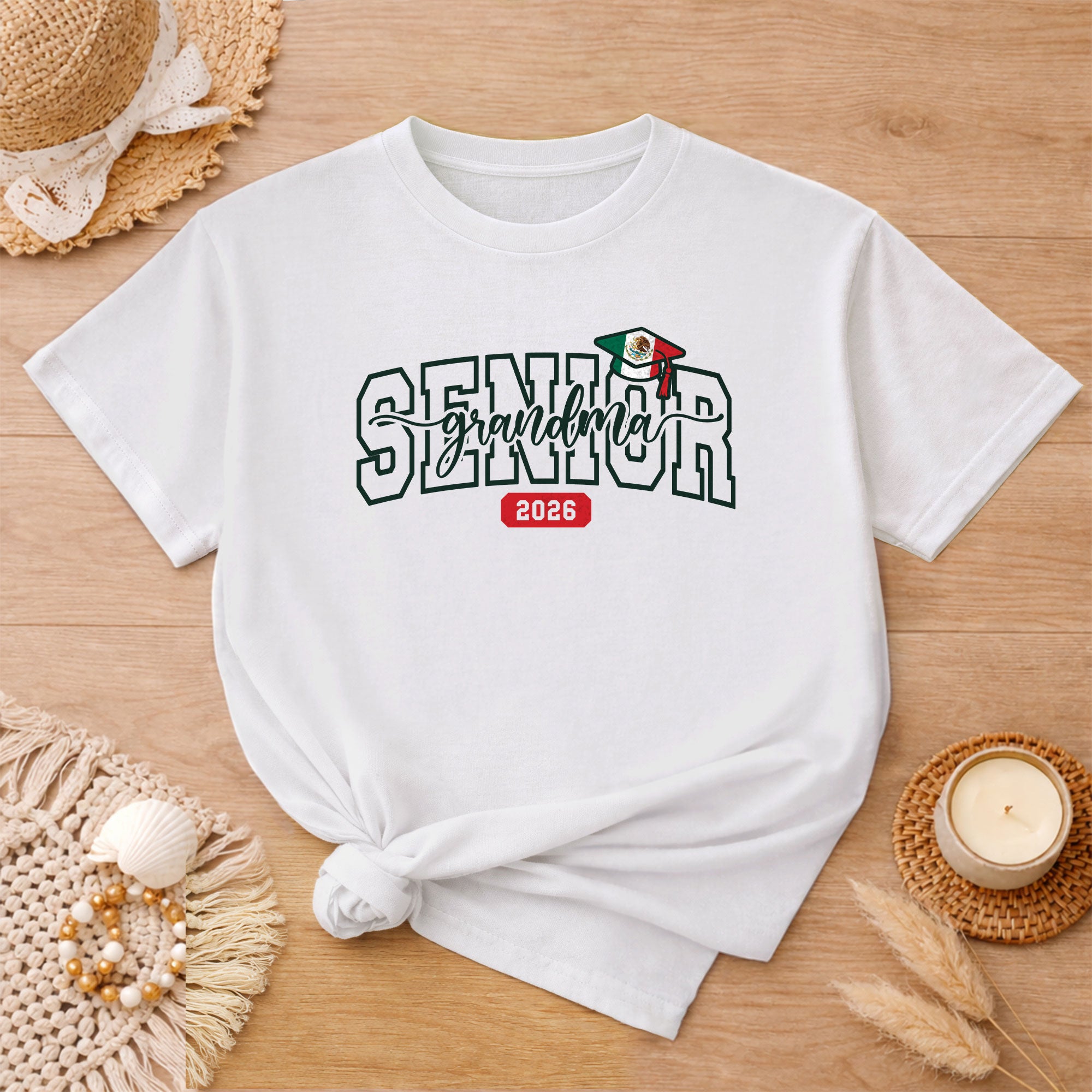 Senior Family 2026 T-Shirt White with Mexico Flag Graduation Cap - Class of 2026 Tee