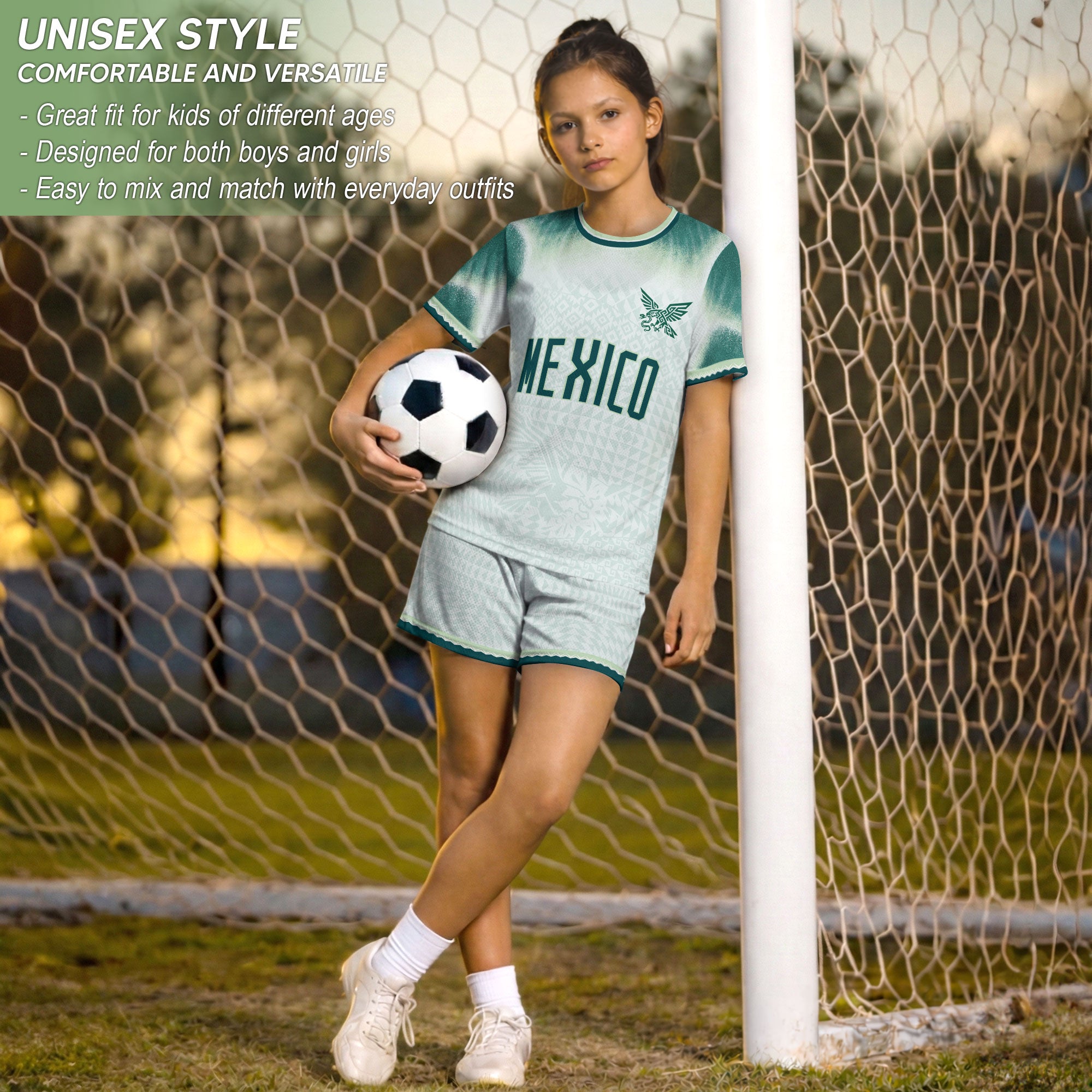Mexico Soccer Jersey Kids Aztec Eagle Pattern White Youth Football Shirt Fan Sportswear