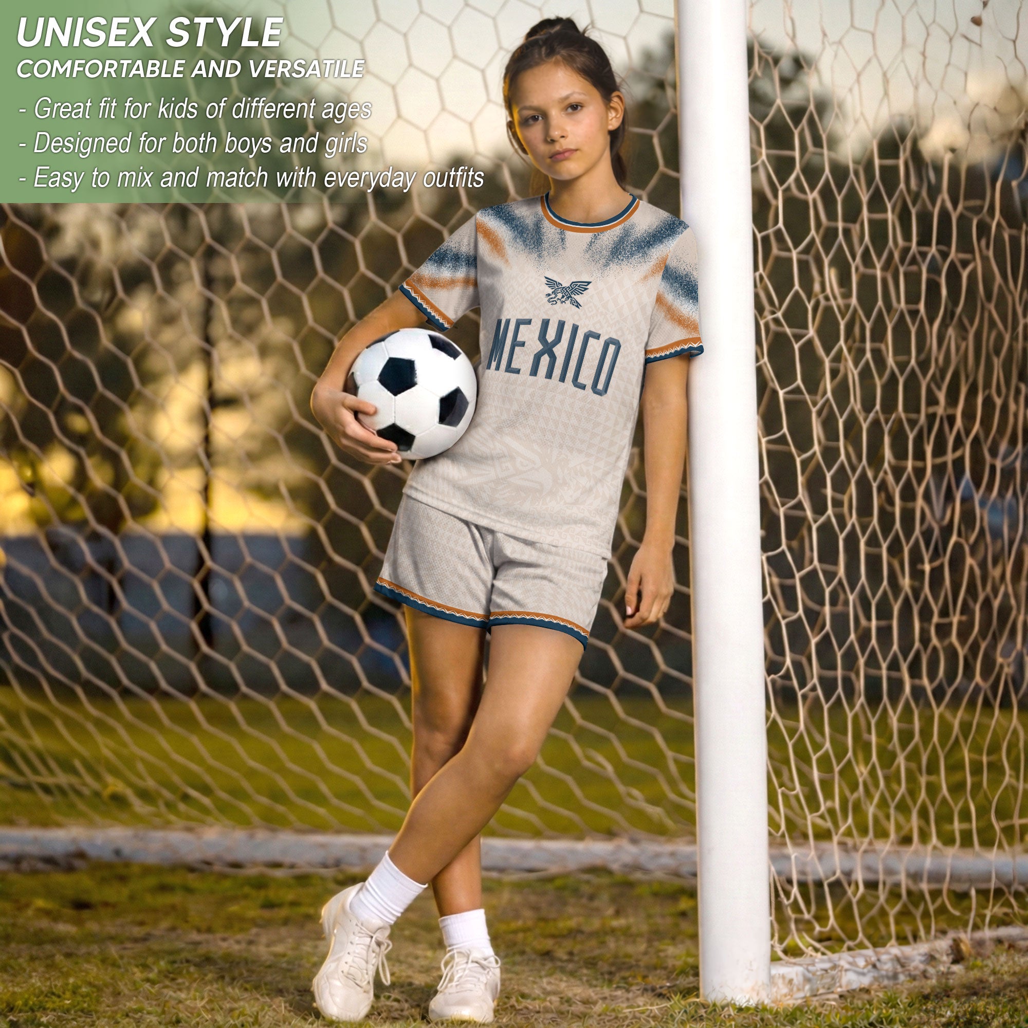 Mexico Soccer Jersey Kids Aztec Eagle Cream Beige Youth Football Shirt Training Apparel