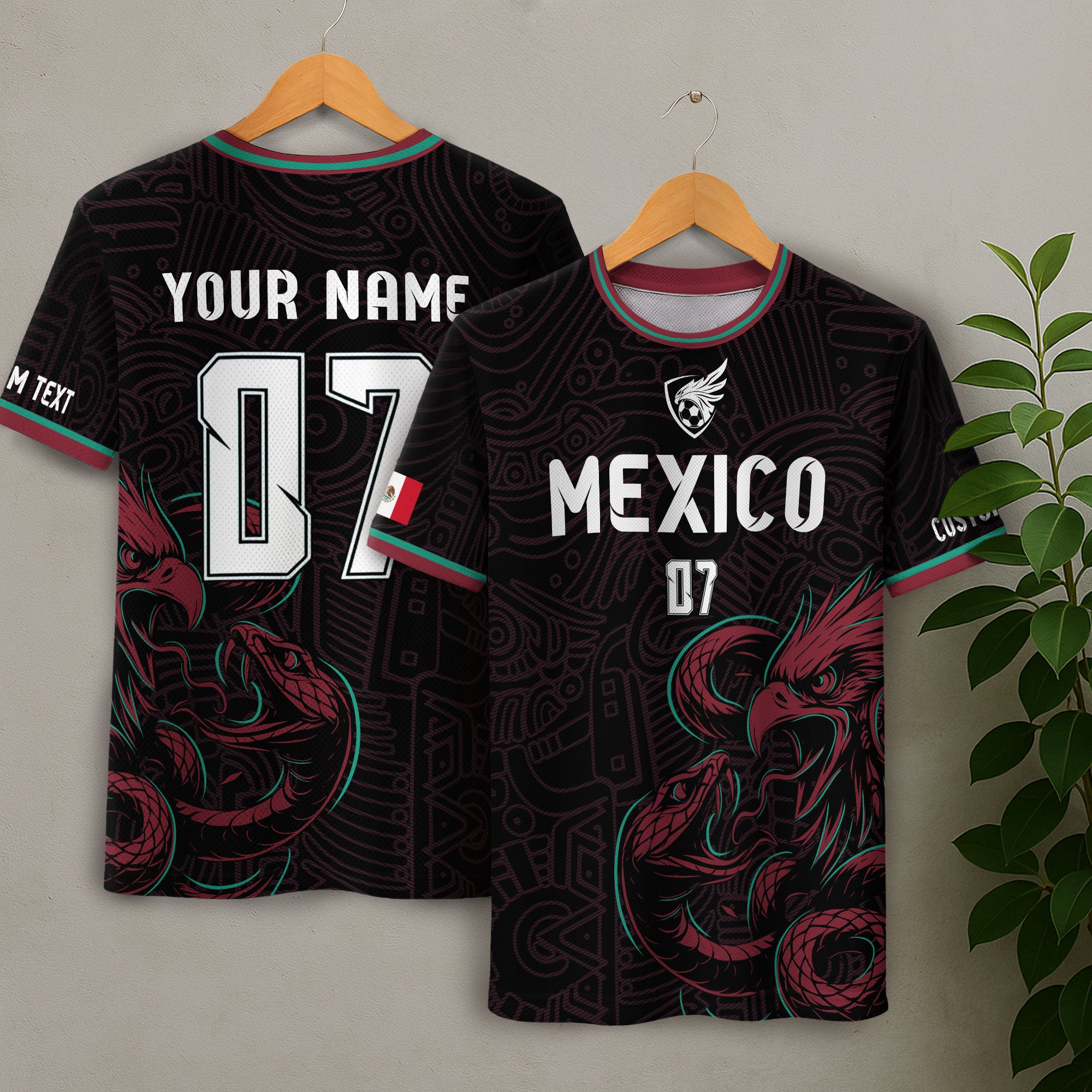 Custom Mexico Black Aztec Eagle Serpent Design Soccer Jersey