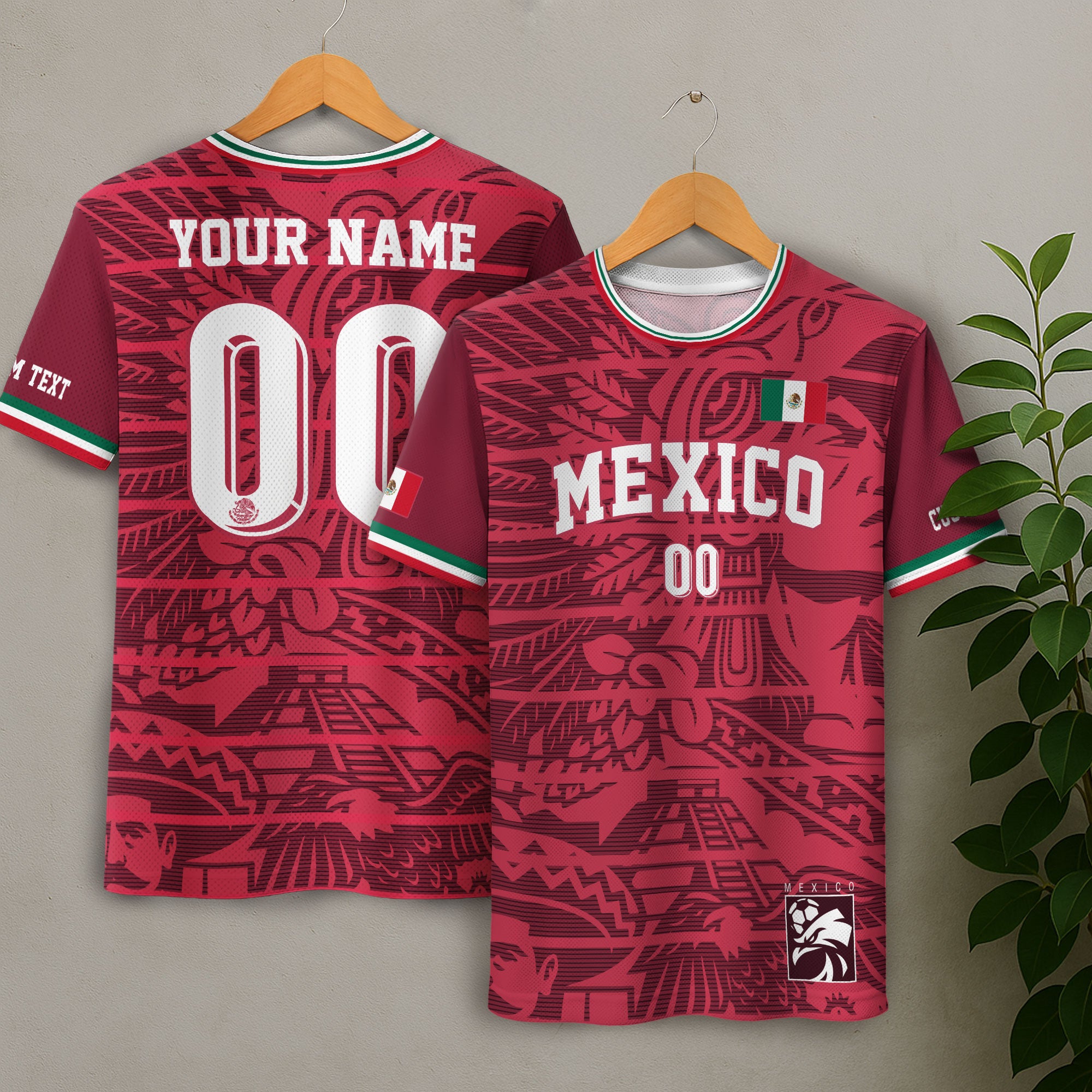 Custom Mexico Burgundy Aztec Pattern Design Soccer Jersey