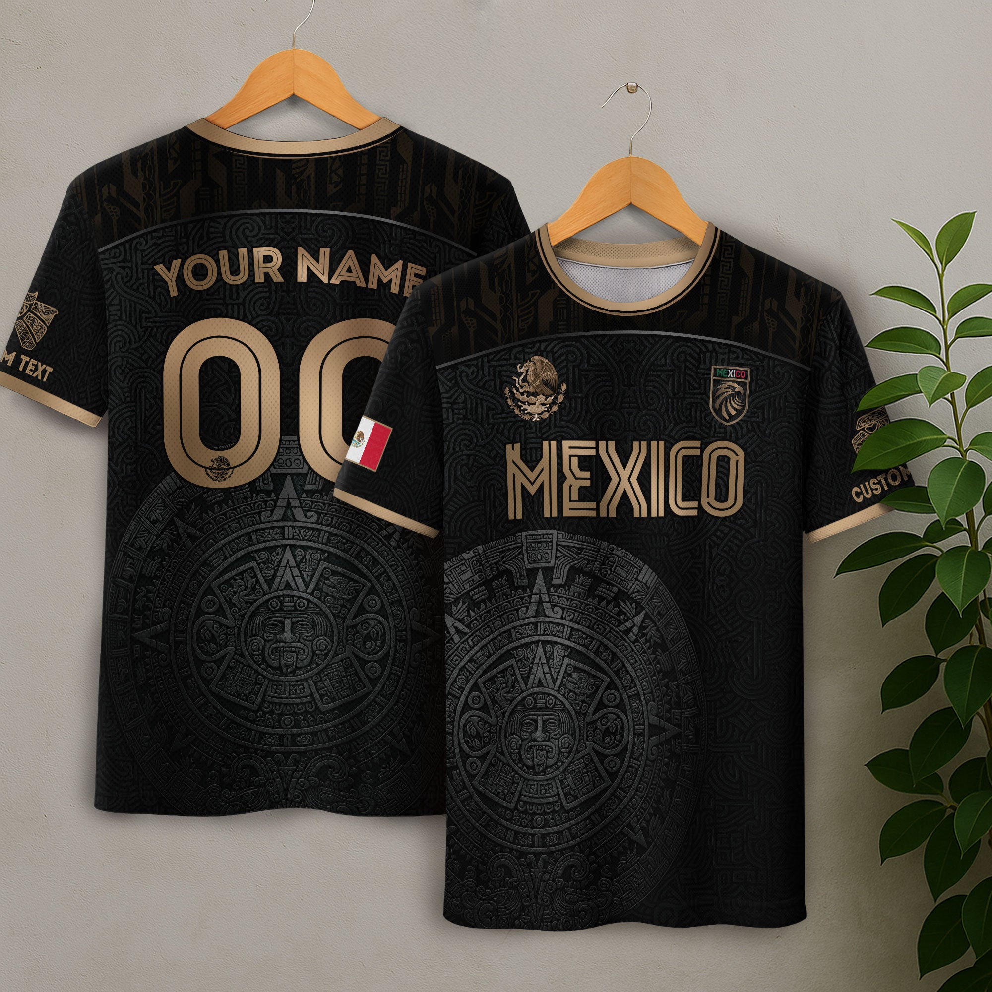 Mexico Custom Soccer Jersey Black Aztec Calendar Gold Edition