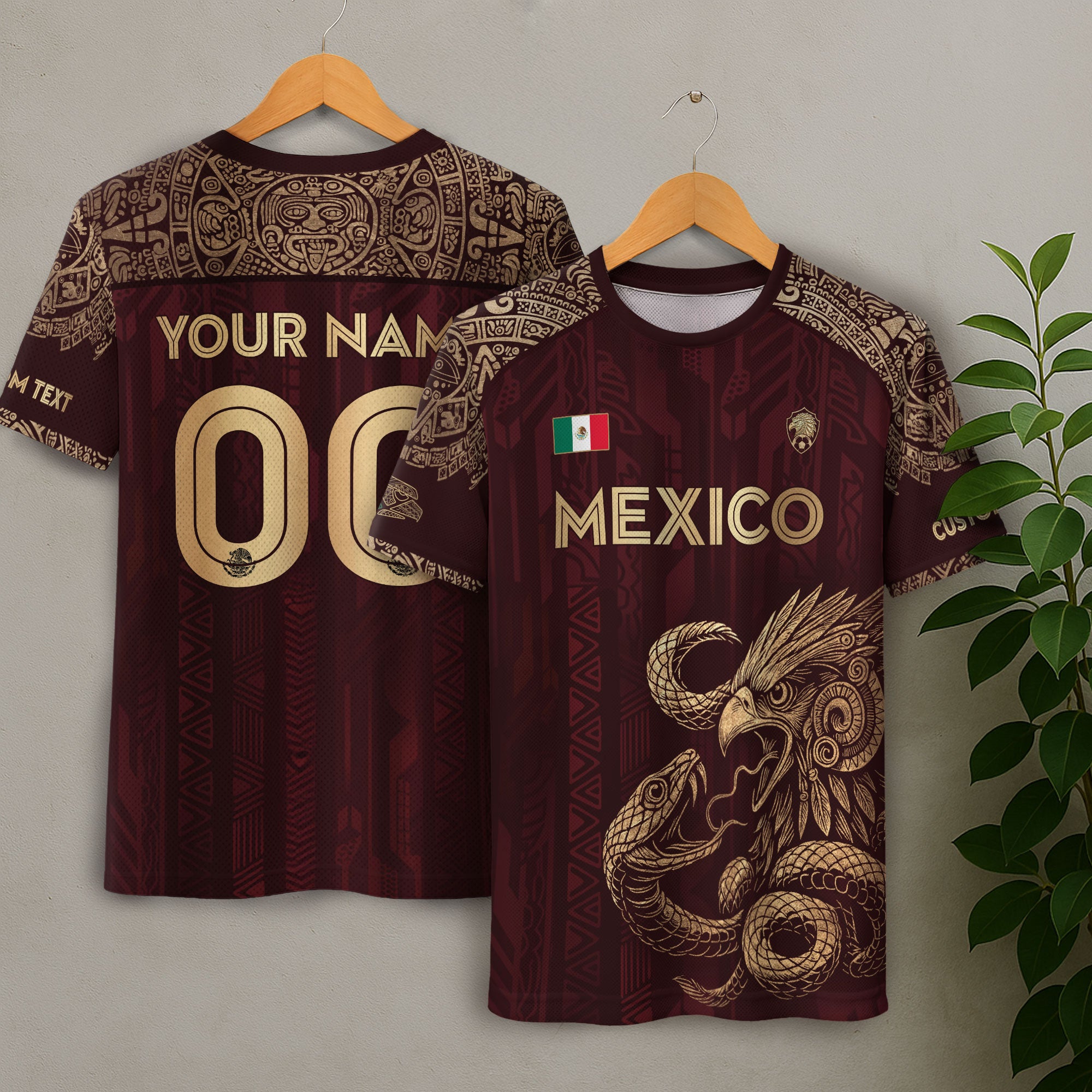 Mexico Custom Soccer Jersey Burgundy Eagle and Serpent Gold Edition
