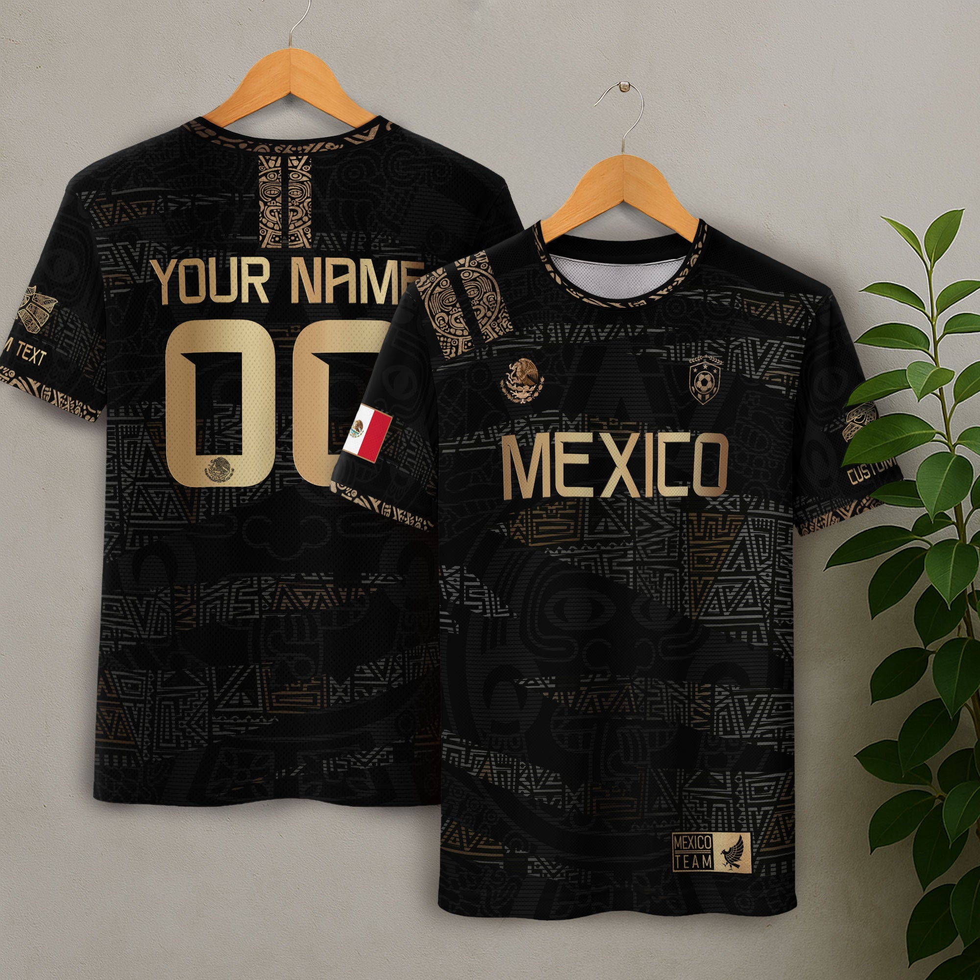 Custom Mexico Soccer Jersey and Shorts Set Black Gold Aztec