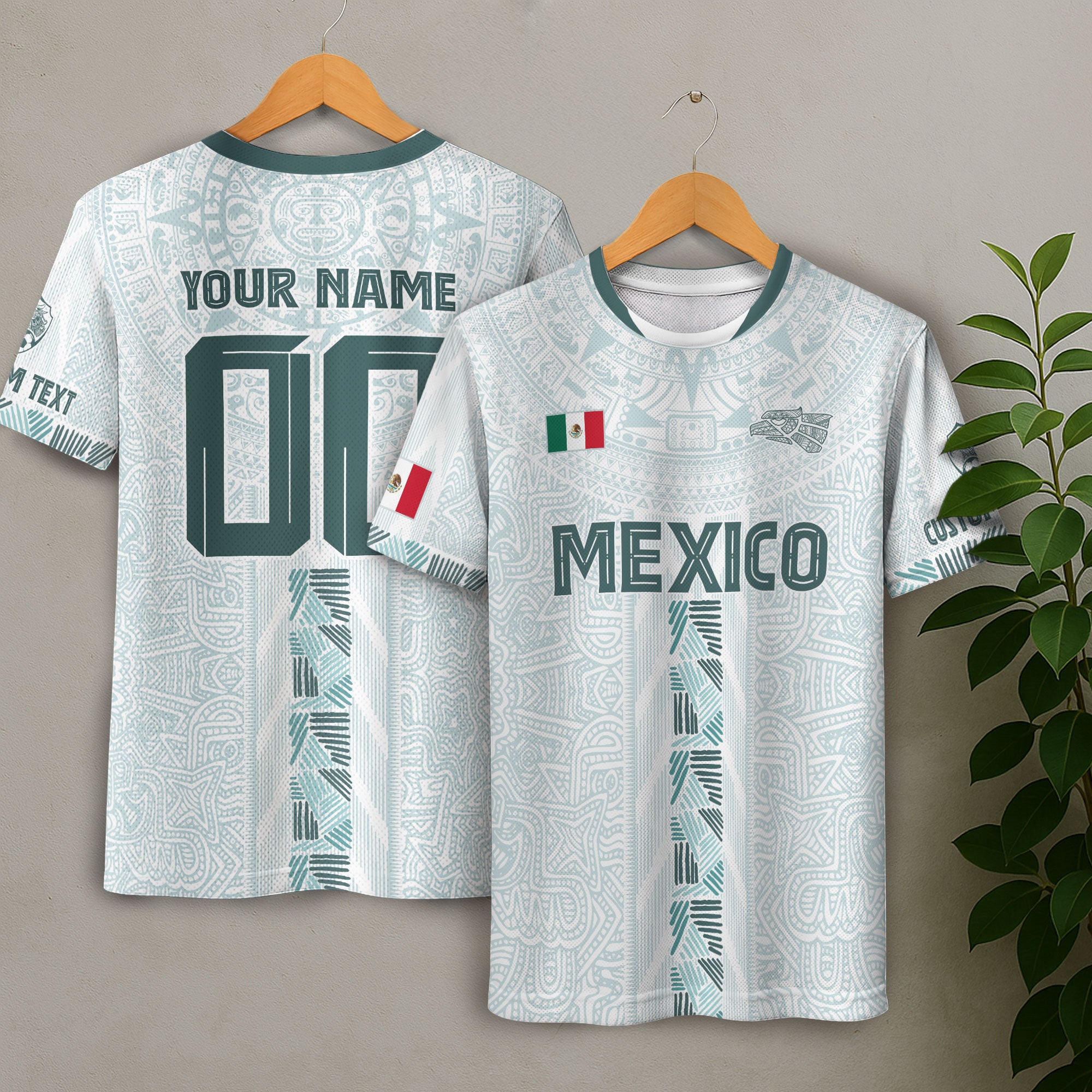 Mexico Custom White Soccer Jersey with Aztec Calendar Design
