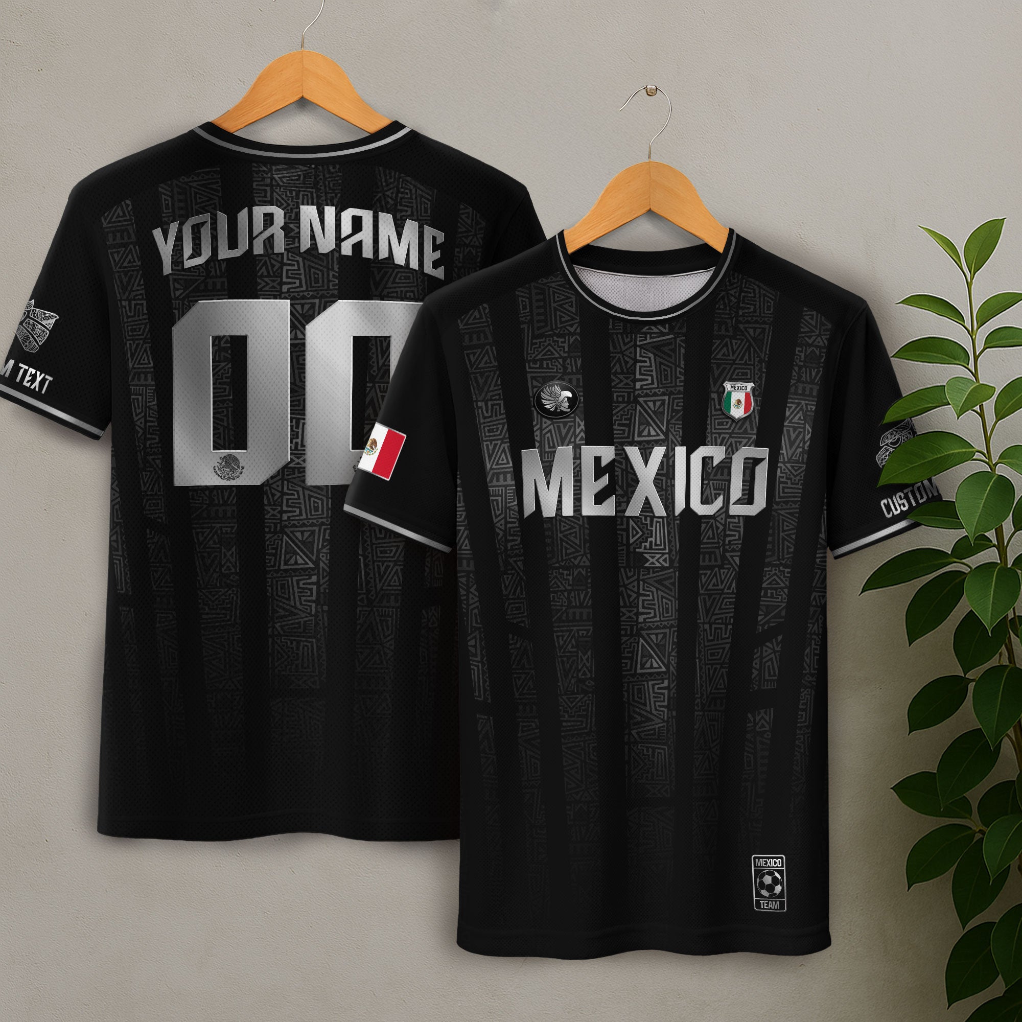Mexico Custom Black Soccer Jersey with Silver Aztec Pattern