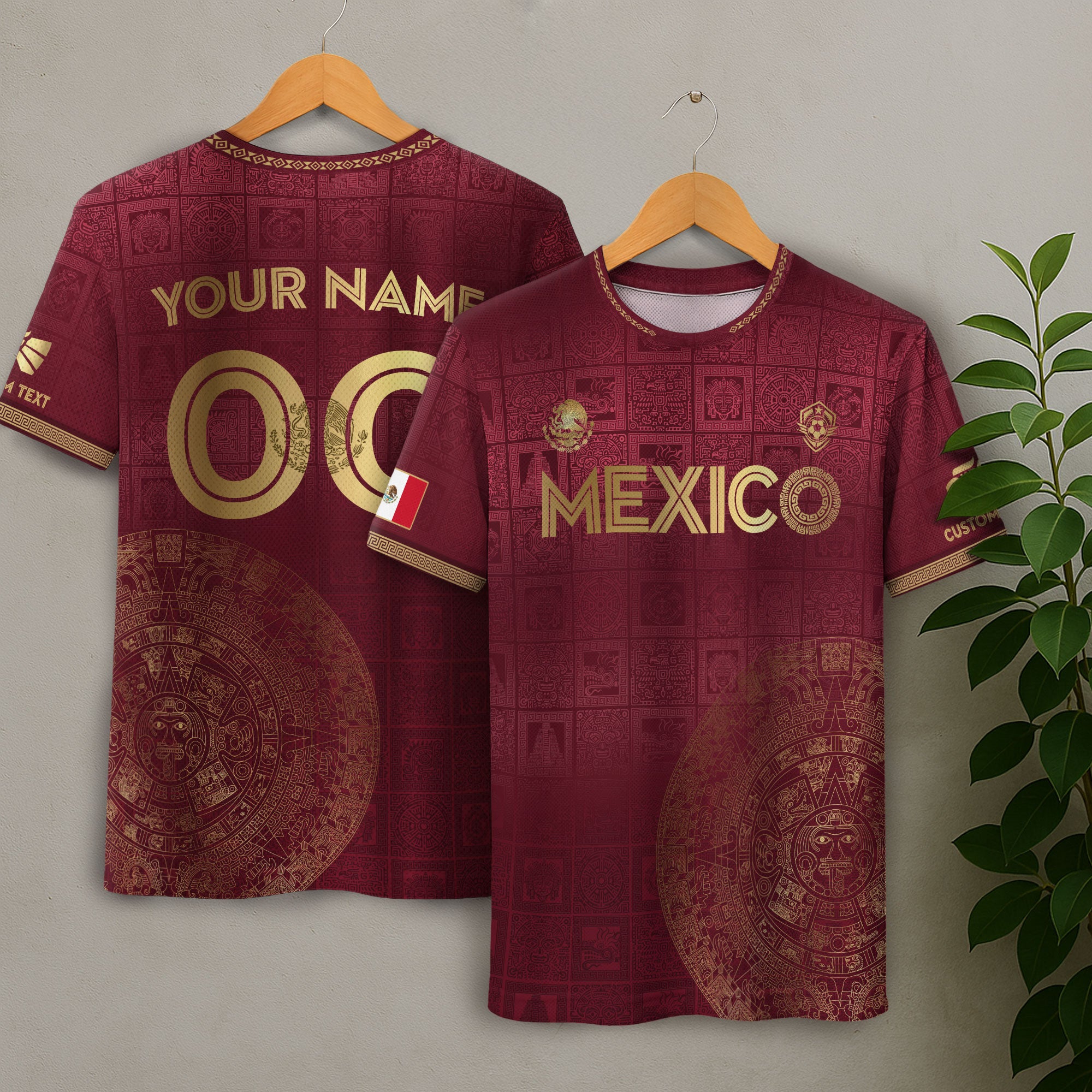 Mexico Custom Maroon with Golden Aztec Calendar Soccer Jersey