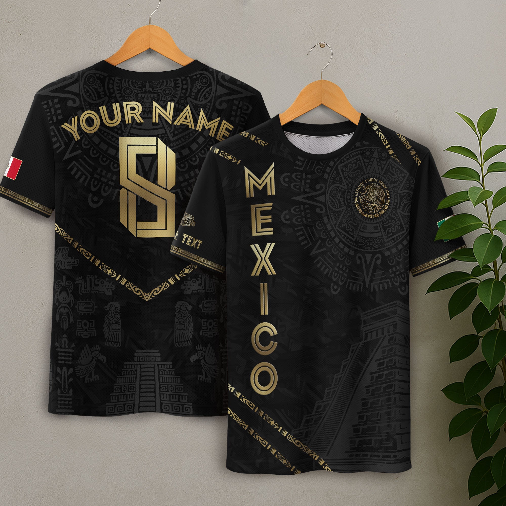 Custom Mexico Black Gold Aztec Calendar Pyramid Design Soccer Jersey