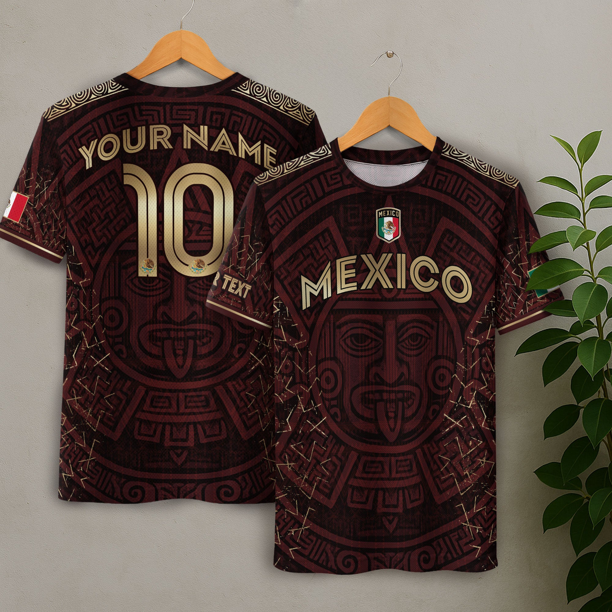 Custom Soccer Jersey Mexico Burgundy Gold Aztec Sun Design