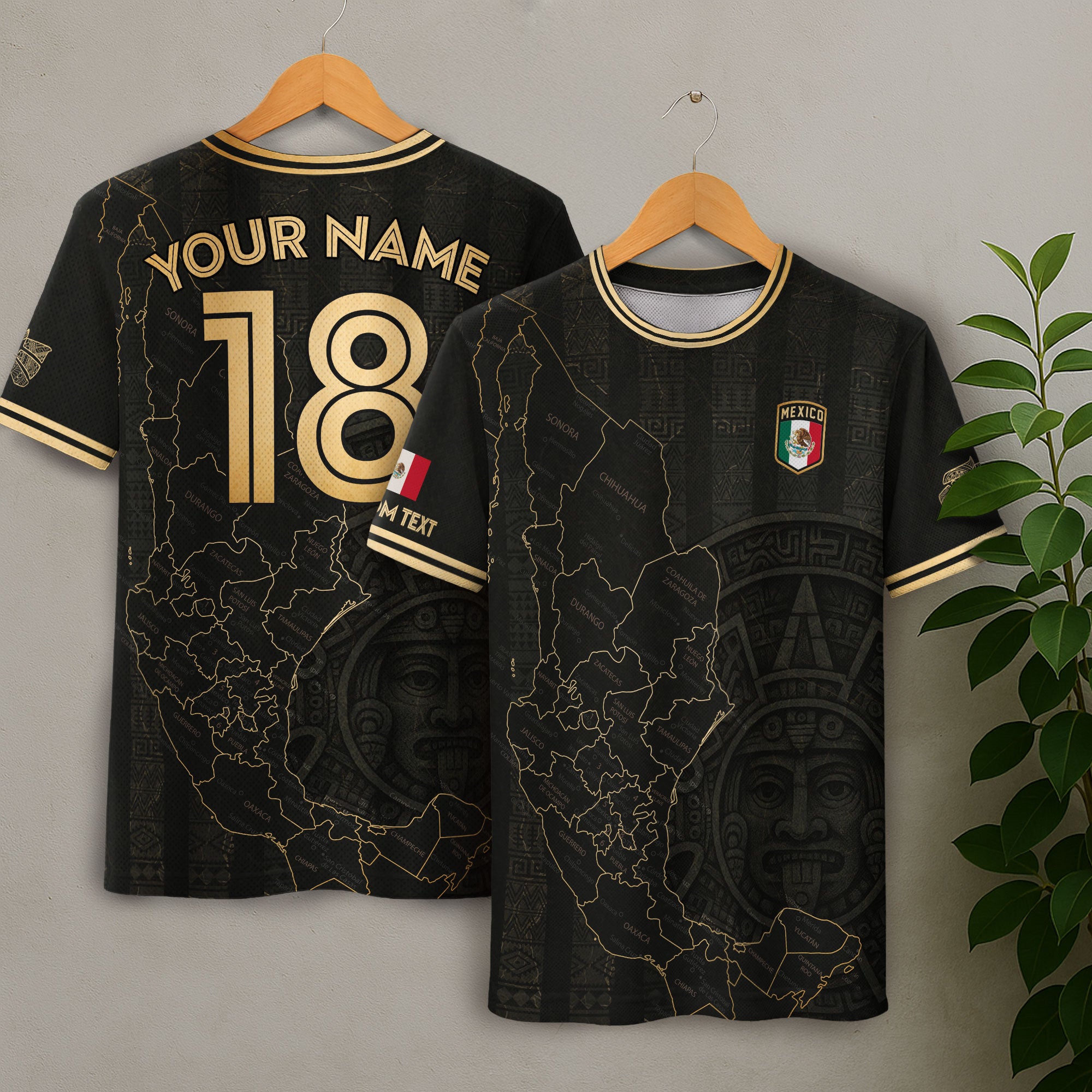 Custom Mexico Black Gold Map Aztec Sun Design Soccer Jersey