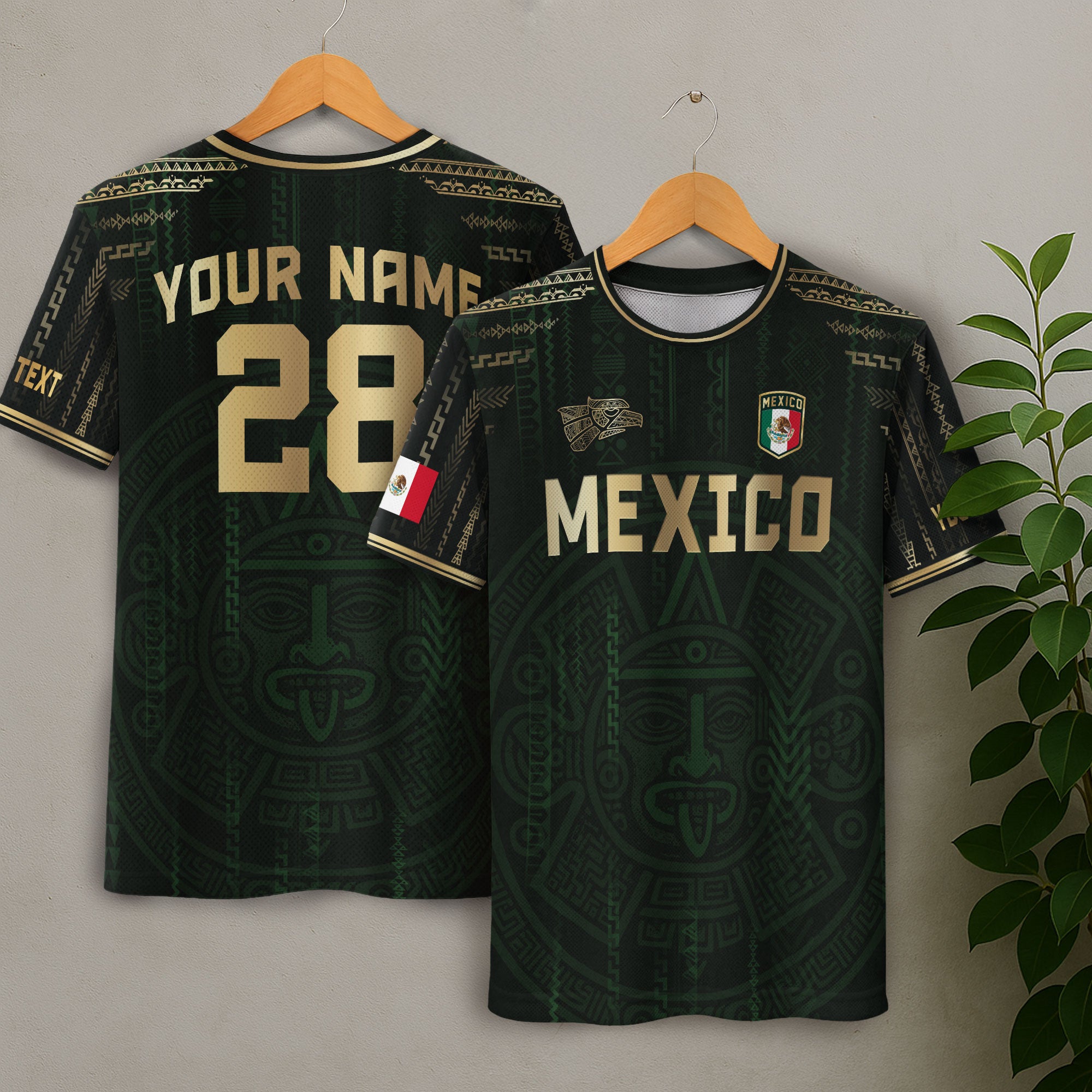 Custom Mexico Dark Green Gold Aztec Sun Design Soccer Jersey