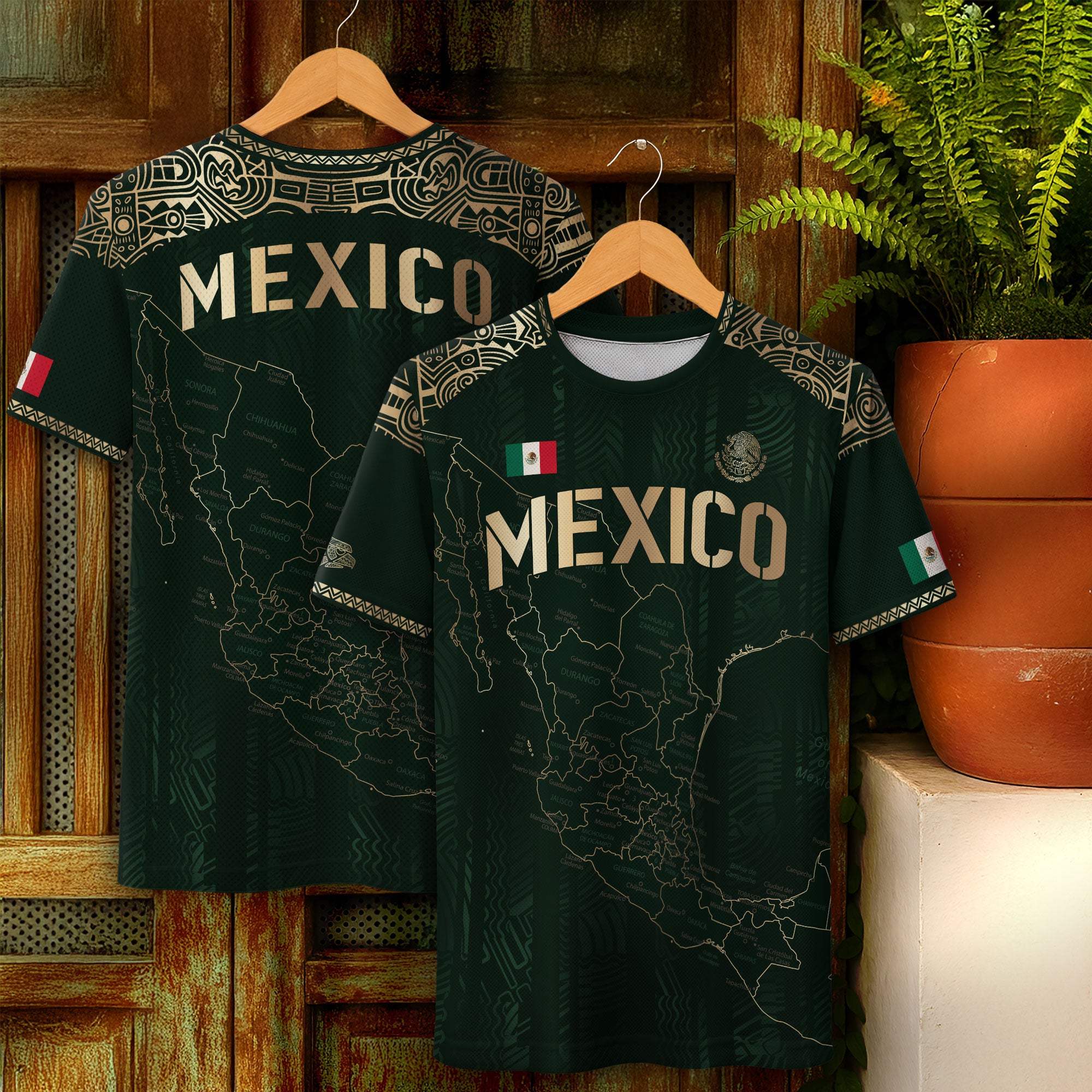 Mexico Heritage Map Green Soccer Jersey with Golden Aztec Details