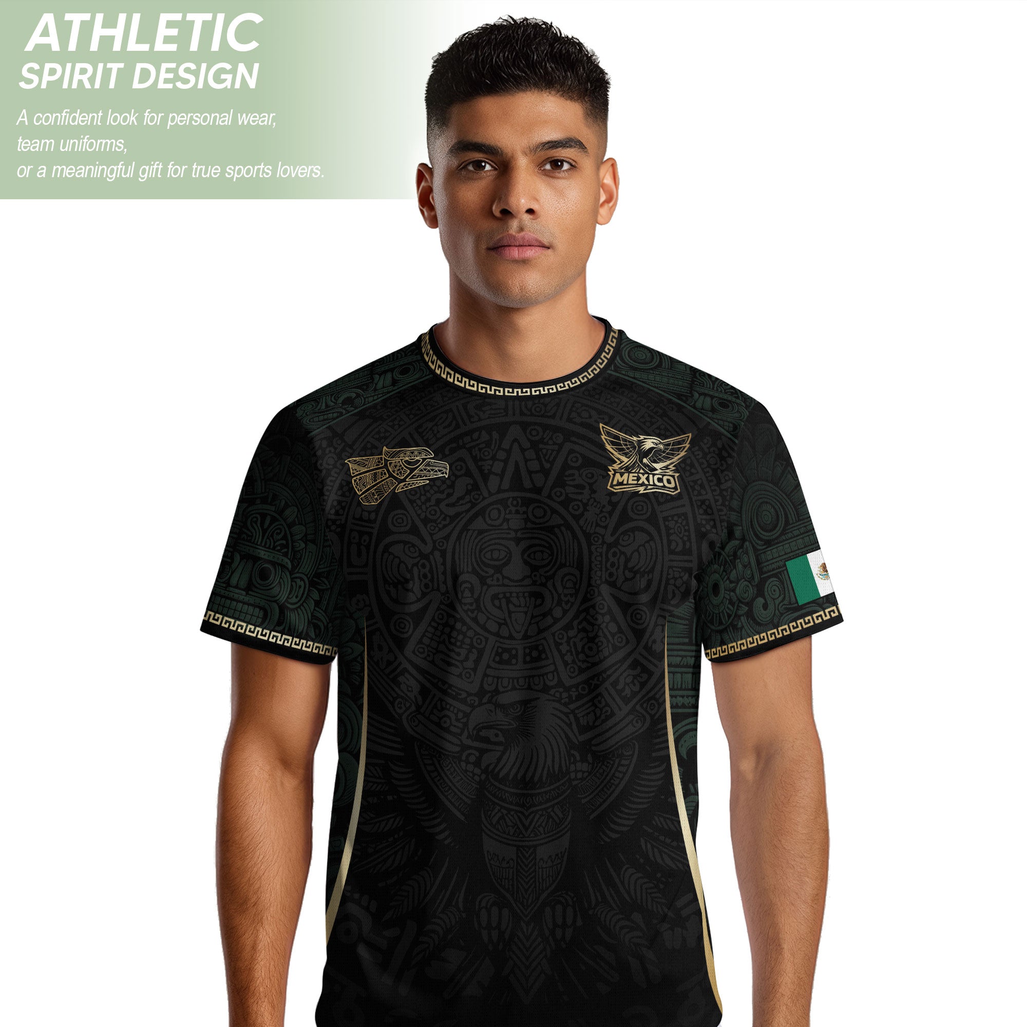 Camiseta de fútbol premium con emblema de águila azteca verde y dorado de México