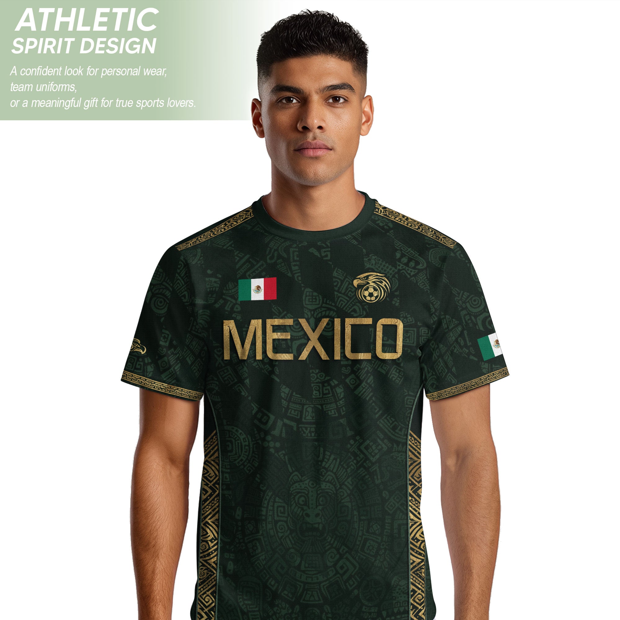 Camiseta de fútbol premium con emblema de águila azteca verde y dorado de México