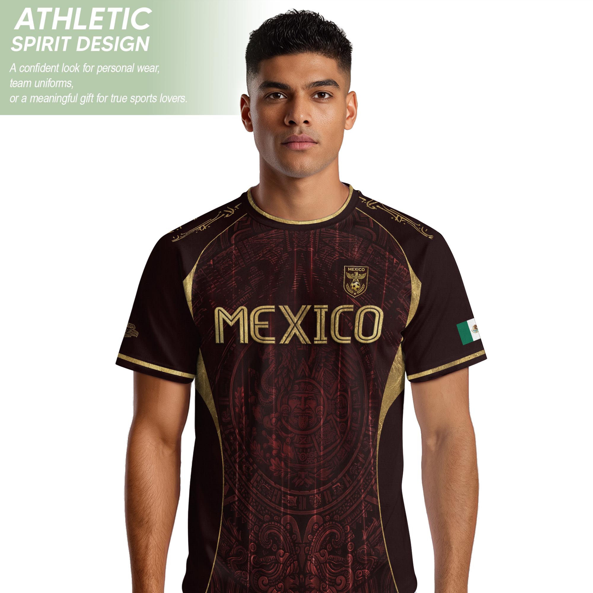 Camiseta de fútbol premium con emblema de águila azteca verde y dorado de México