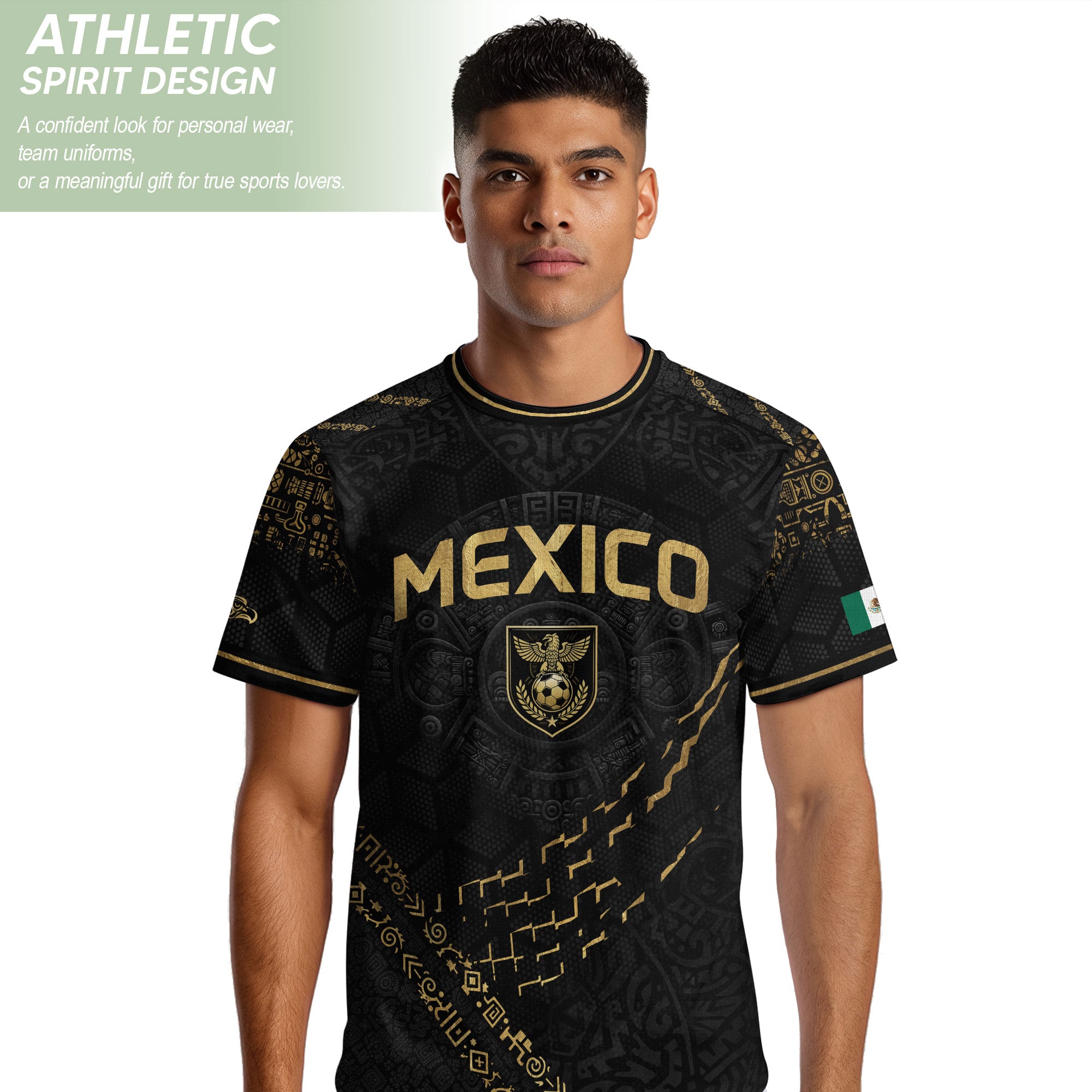 Camiseta de fútbol premium con emblema de águila azteca verde y dorado de México