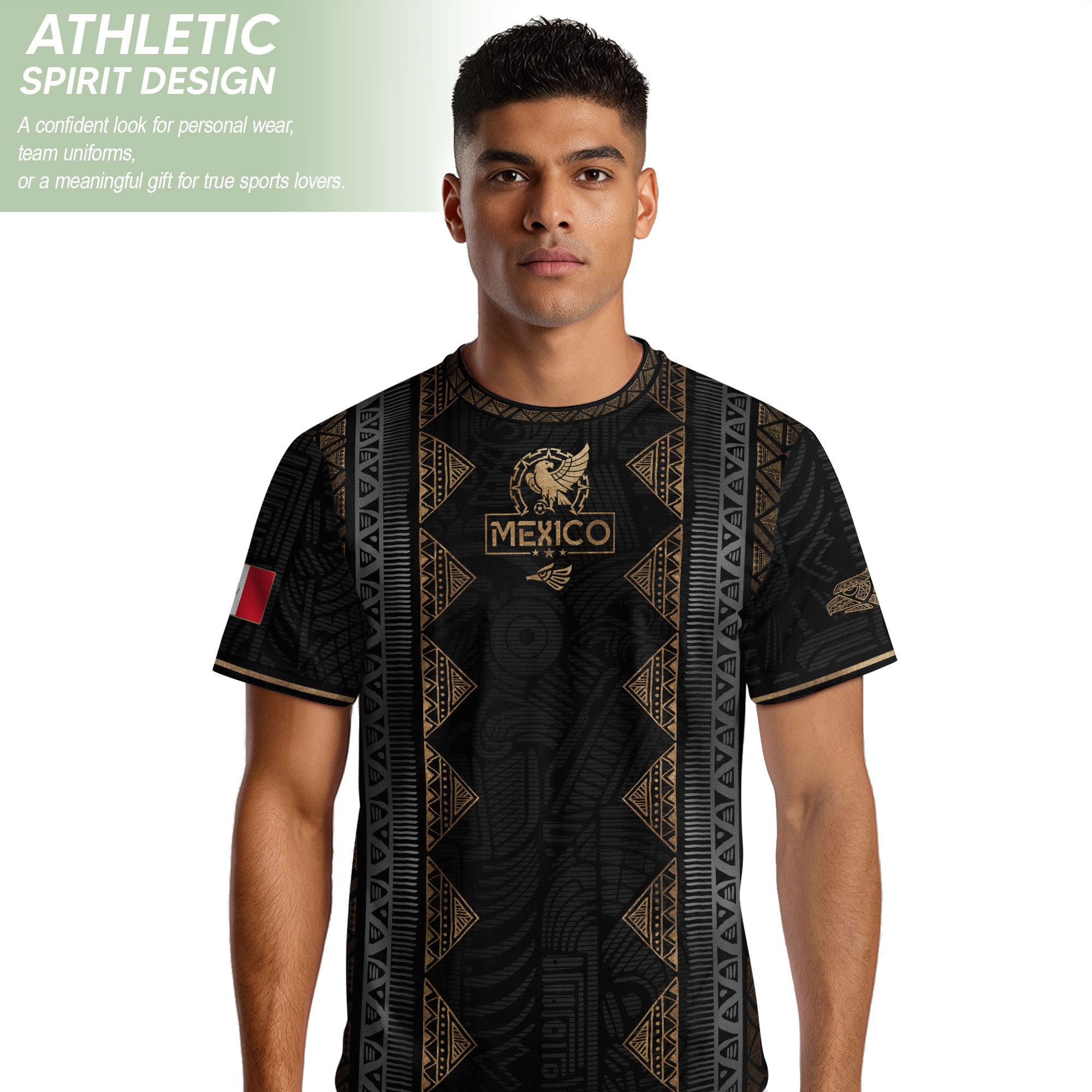 Camiseta de fútbol premium con emblema de águila azteca verde y dorado de México
