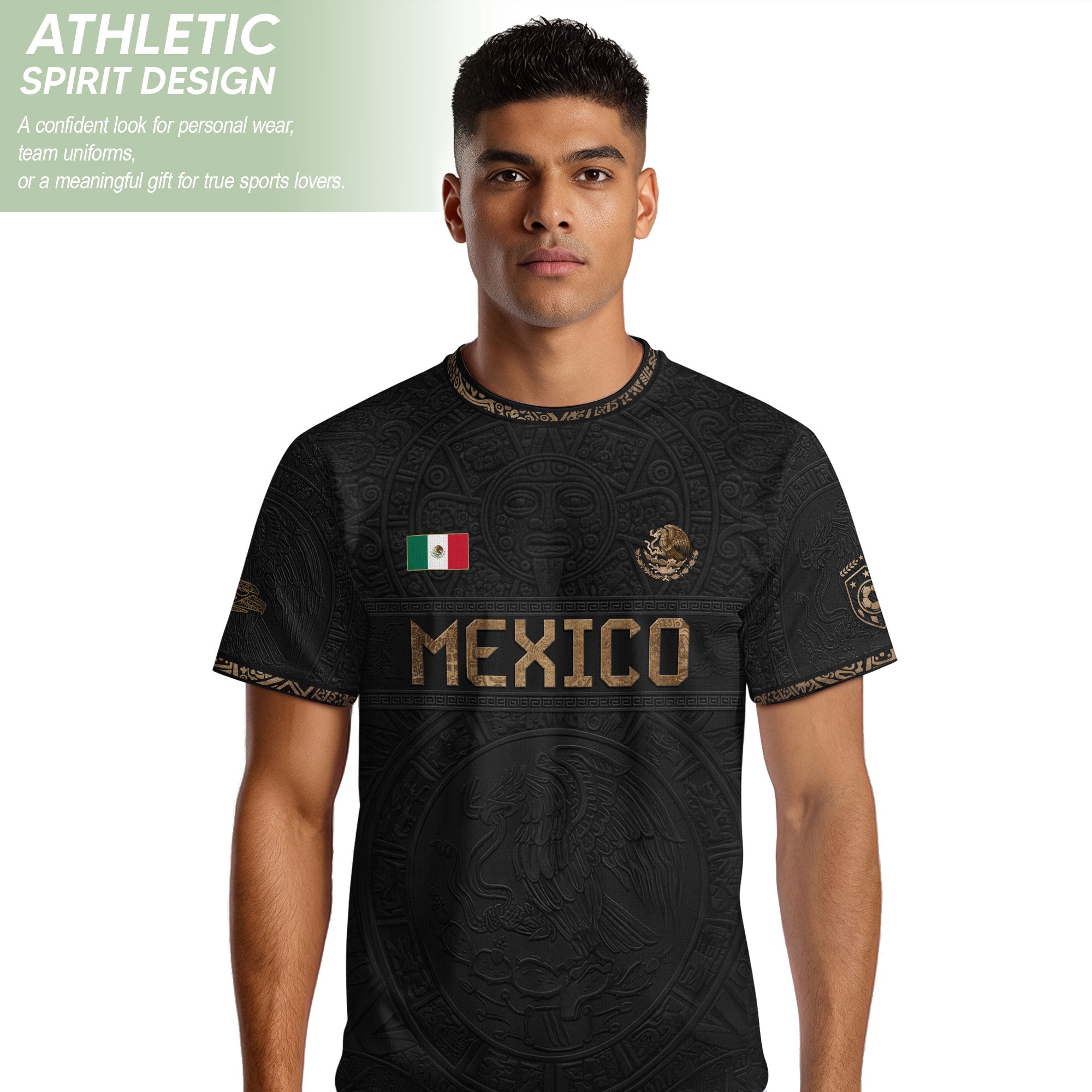 Camiseta de fútbol premium con emblema de águila azteca verde y dorado de México