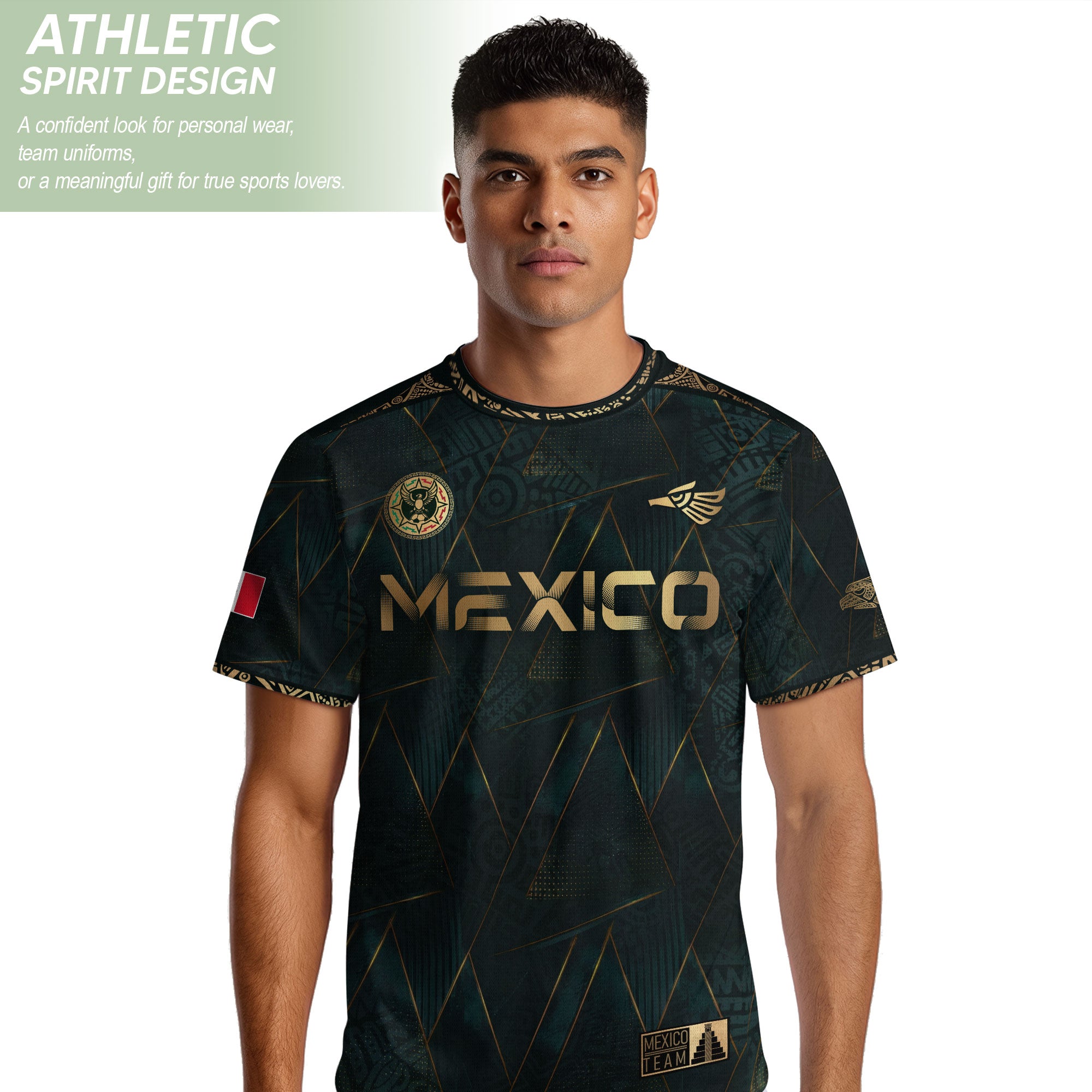 Camiseta de fútbol premium con emblema de águila azteca verde y dorado de México