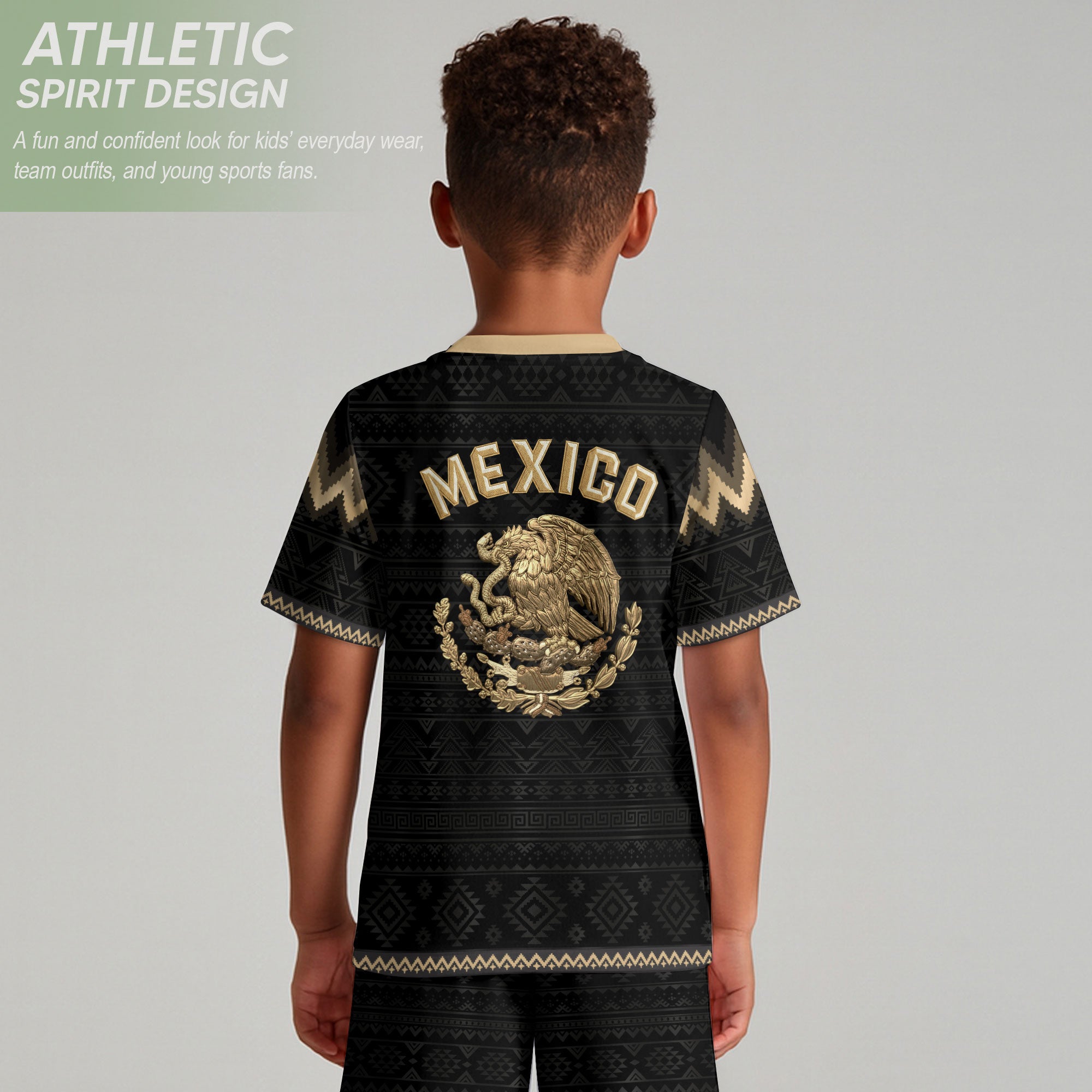 Camiseta de fútbol juvenil con estampado vertical del Águila Dorada Negra de México
