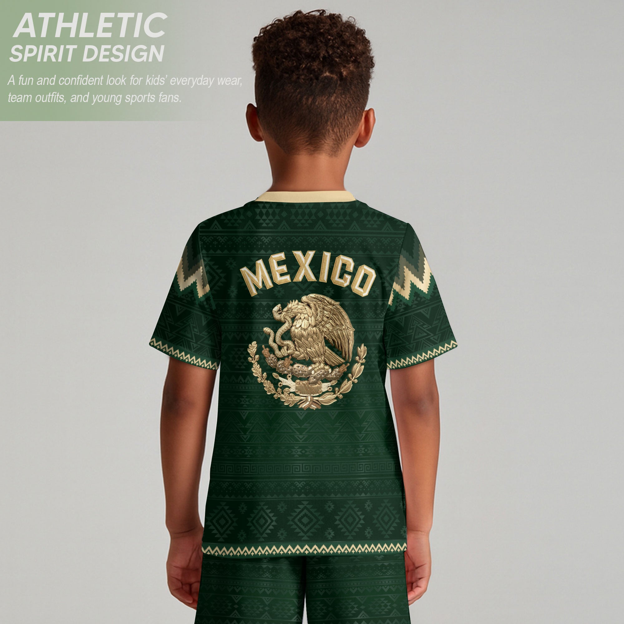 Camiseta de fútbol juvenil con estampado vertical del Águila Dorada Negra de México