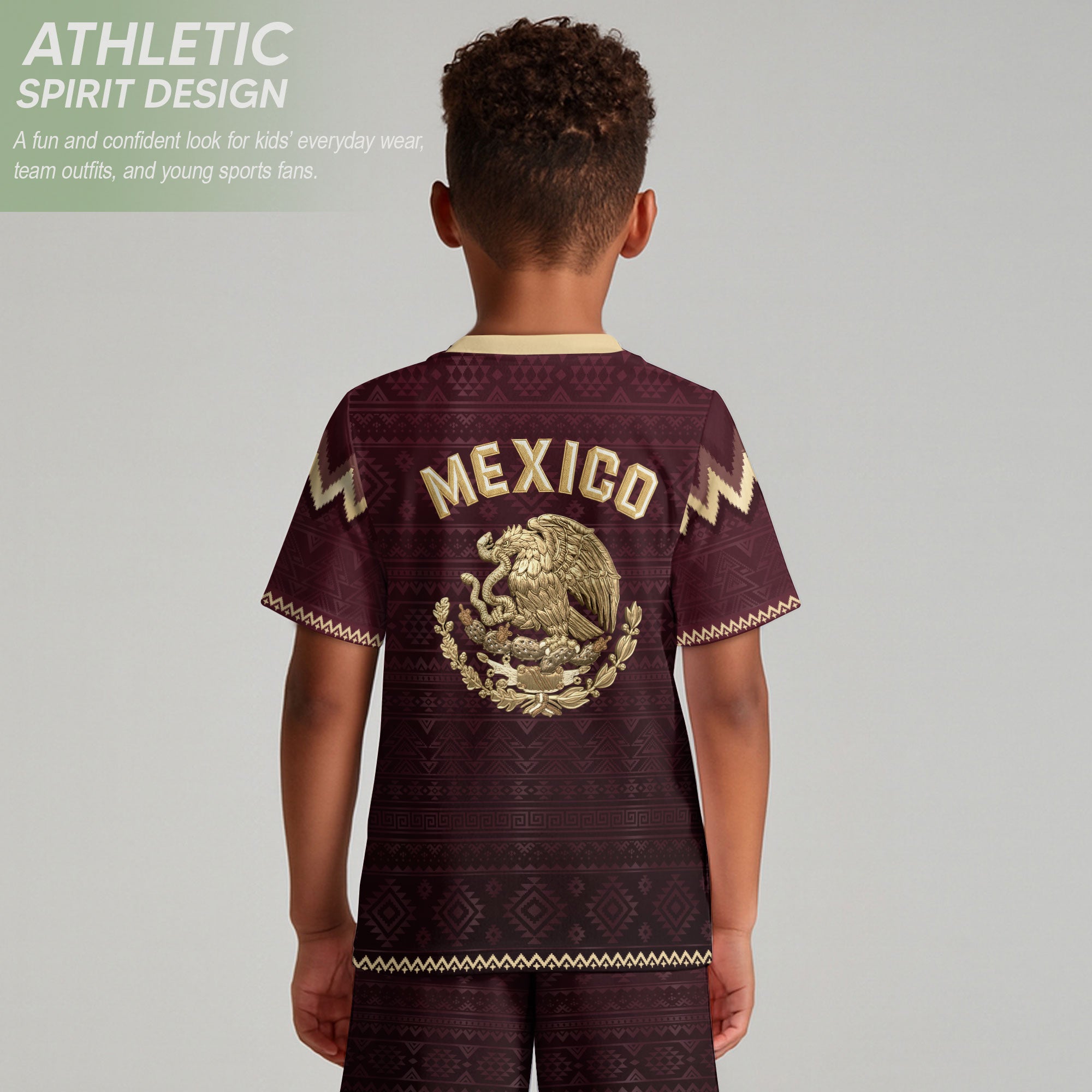 Camiseta de fútbol juvenil con estampado vertical del Águila Dorada Negra de México