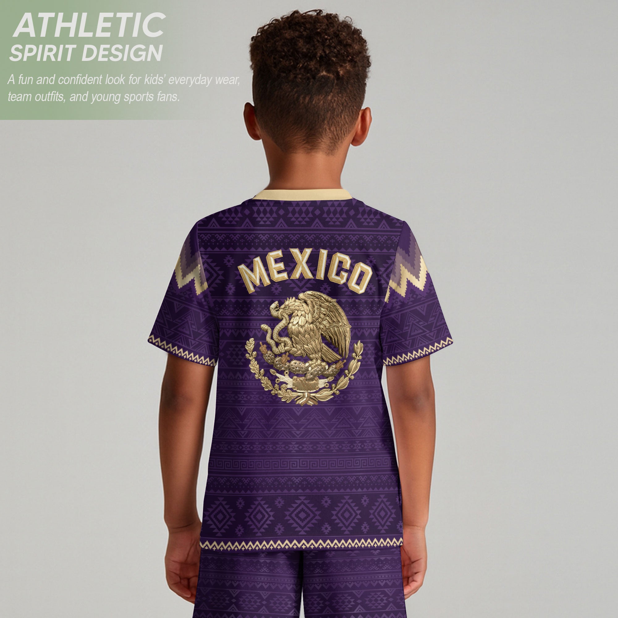 Camiseta de fútbol juvenil con estampado vertical del Águila Dorada Negra de México