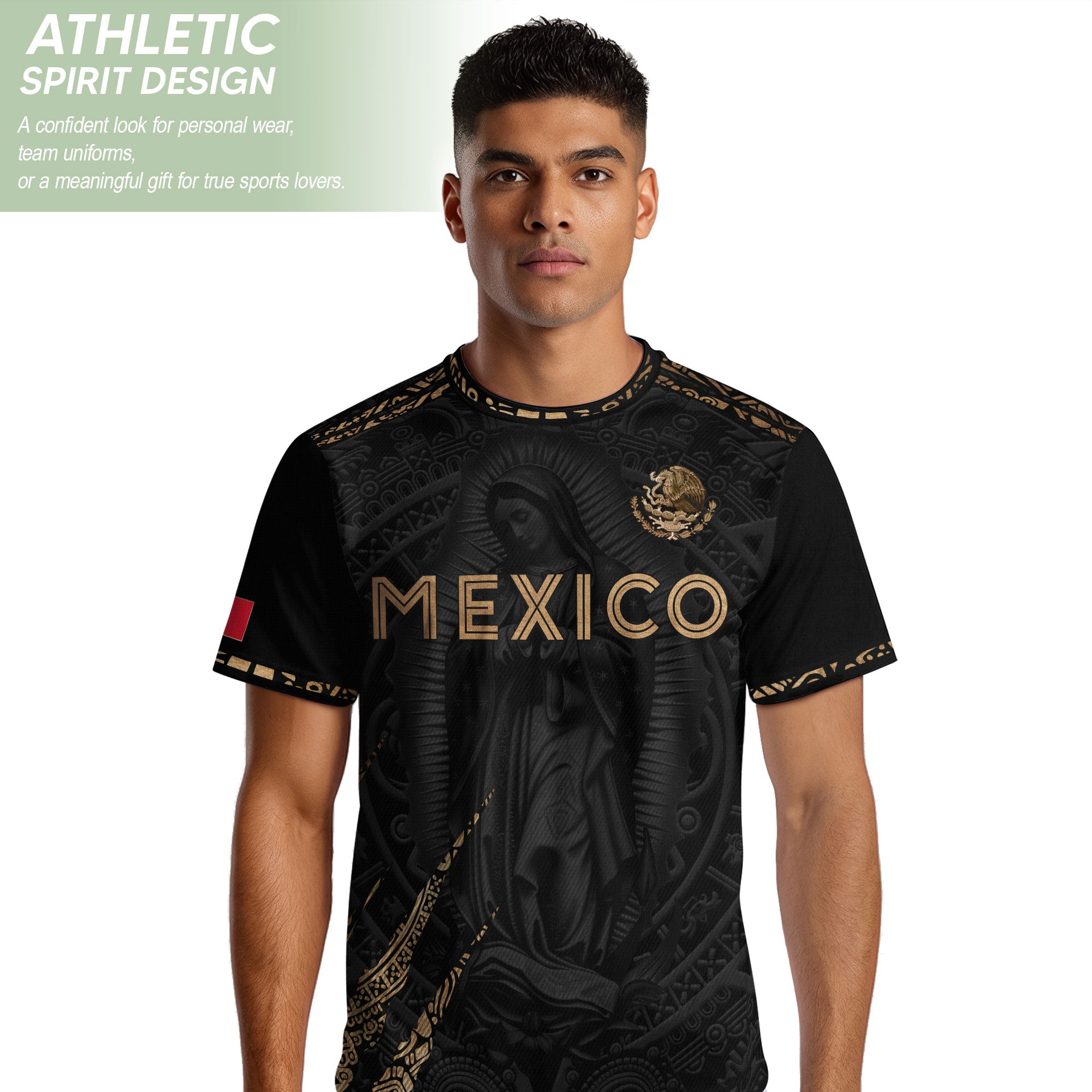 Camiseta de fútbol premium con emblema de águila azteca verde y dorado de México