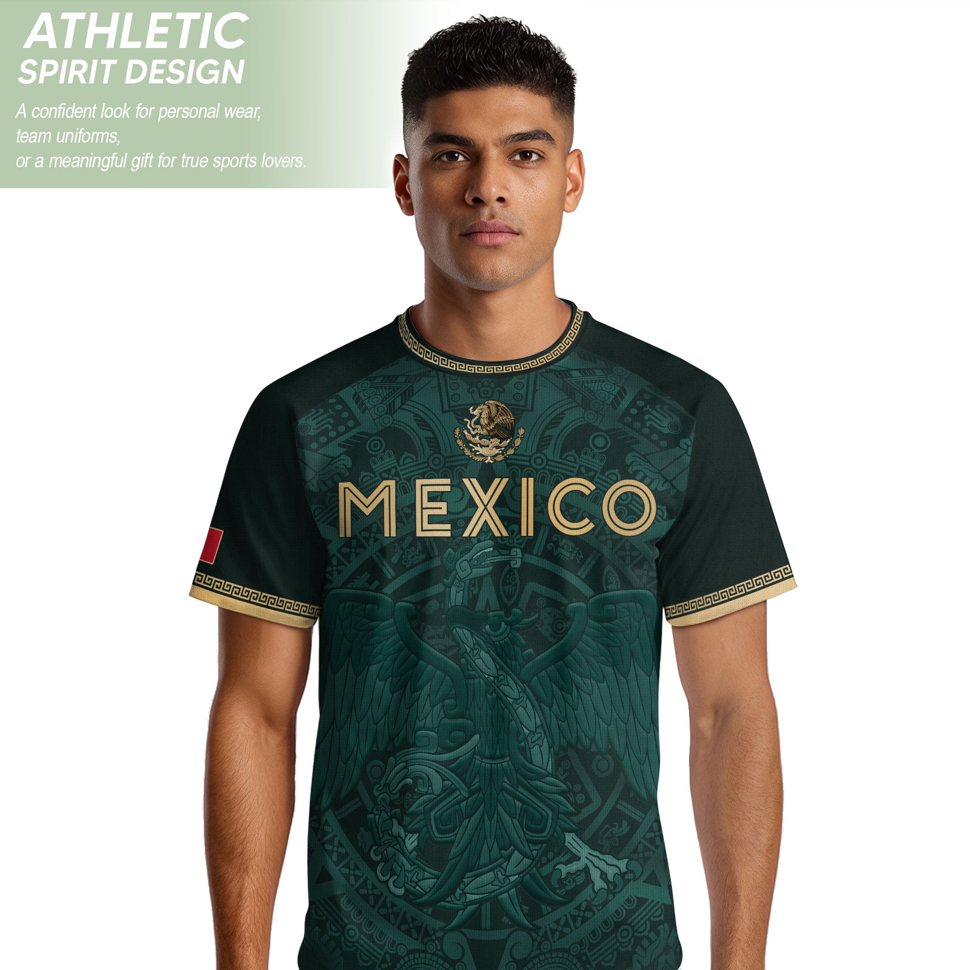 Camiseta de fútbol premium con emblema de águila azteca verde y dorado de México