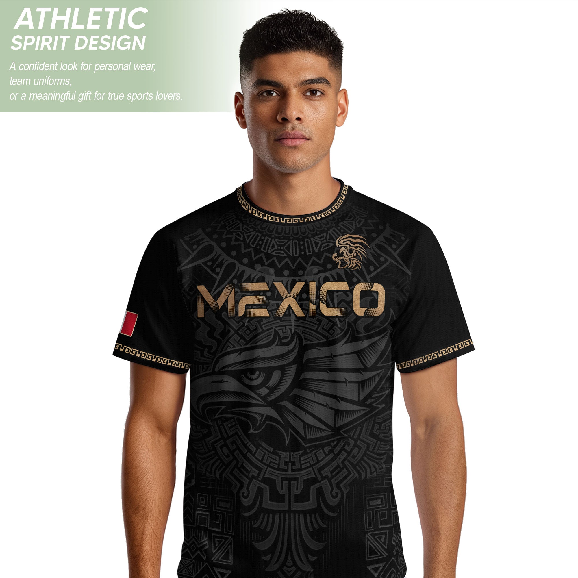 Mexico Heritage Orgullo Mexicano Black Gold Eagle Aztec Calendar Soccer Jersey