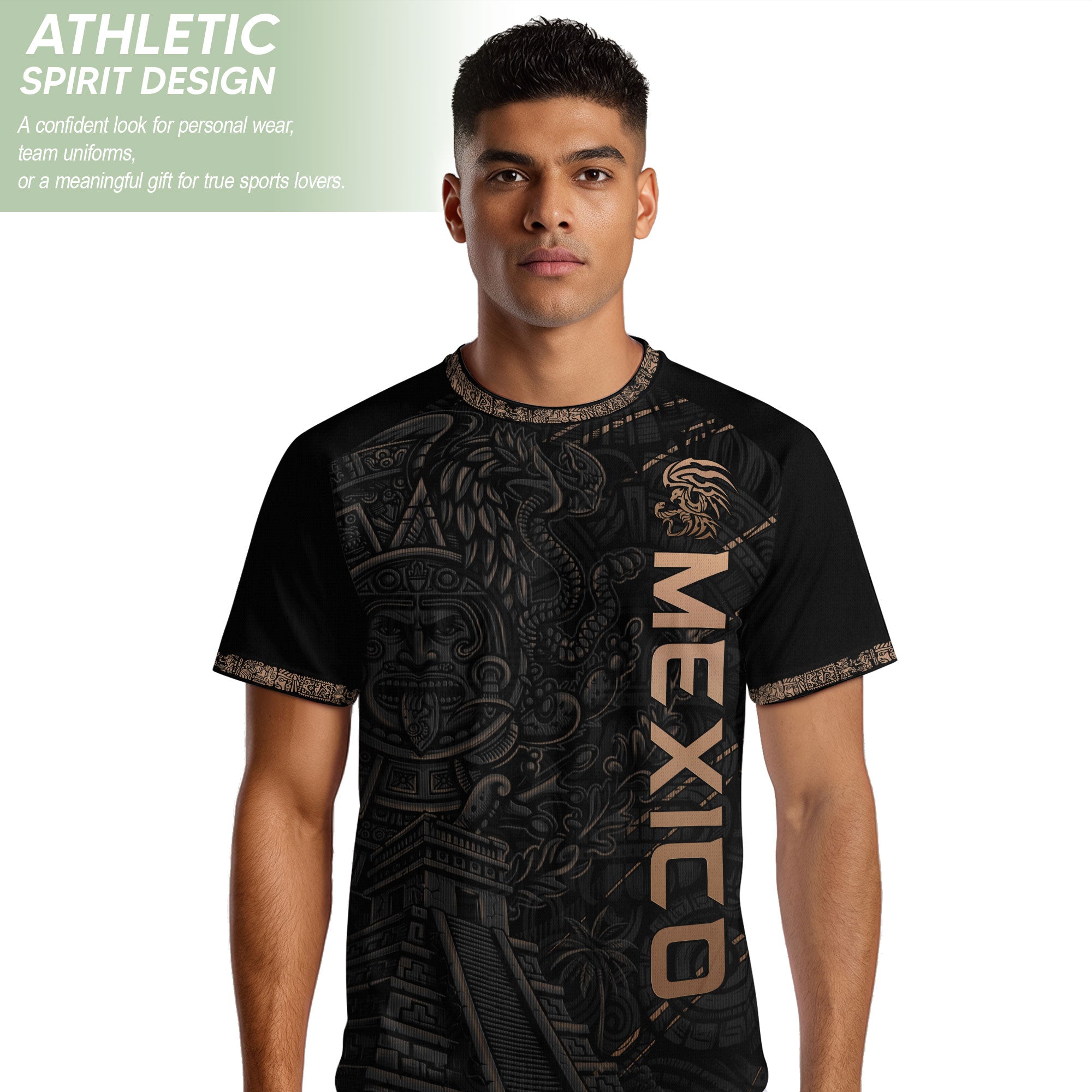 Camiseta de fútbol premium con emblema de águila azteca verde y dorado de México