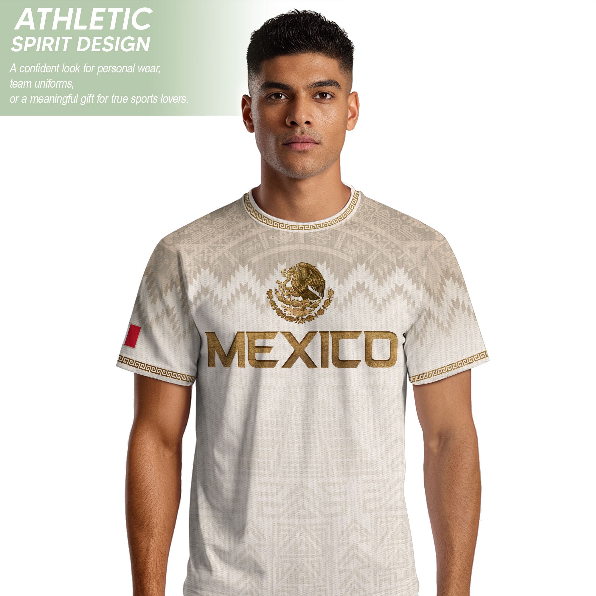 Camiseta de fútbol premium con emblema de águila azteca verde y dorado de México