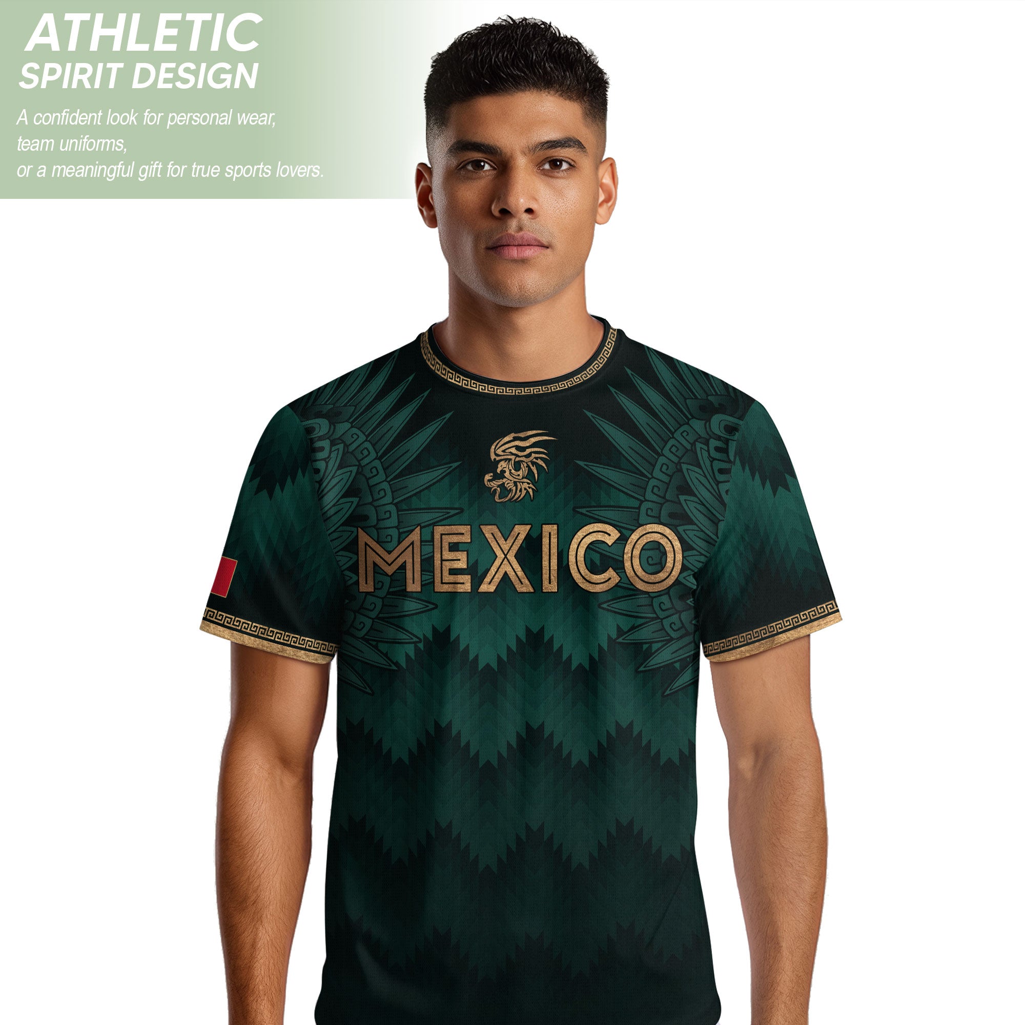 Mexico Coat of Arms Green Gold Aztec Ziczac Pattern Wing Graphic Heritage Soccer Jersey