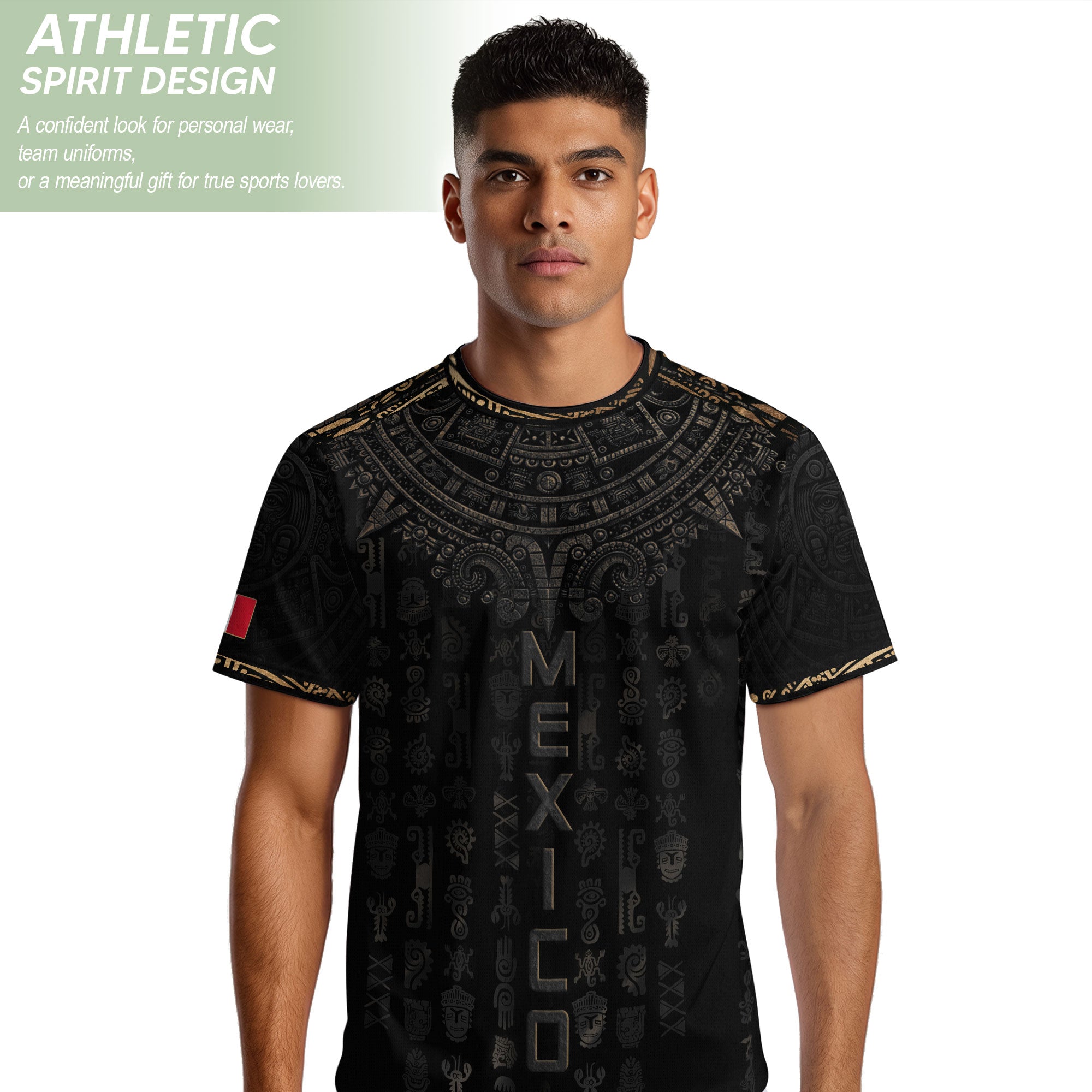 Mexico Heritage Orgullo Mexicano Black Bronze Ancient Mask Aztec Calendar Soccer Jersey