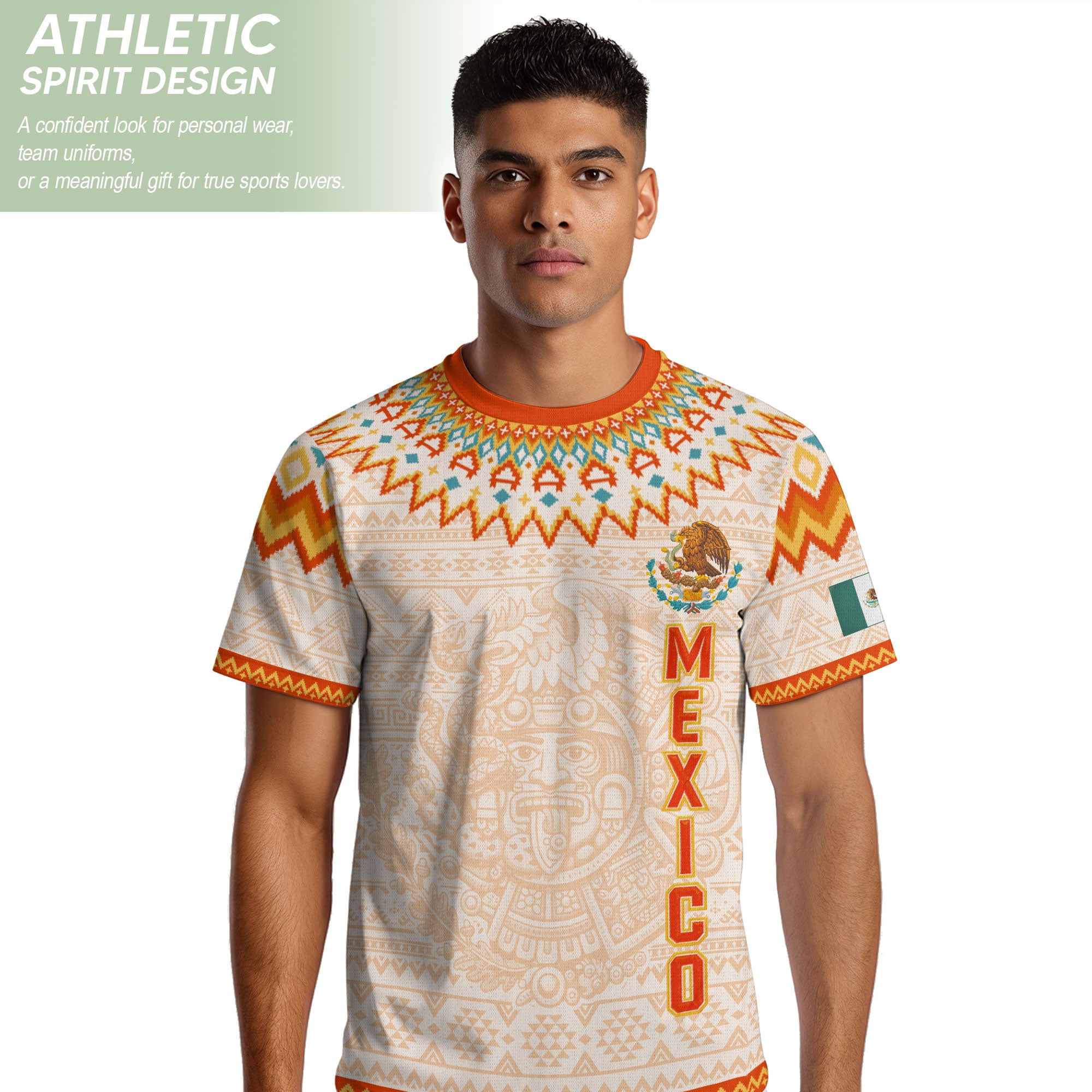 Mexico Cream Orange Heritage Soccer Jersey, Aztec Pattern Mexican Roots Design Jersey For Men