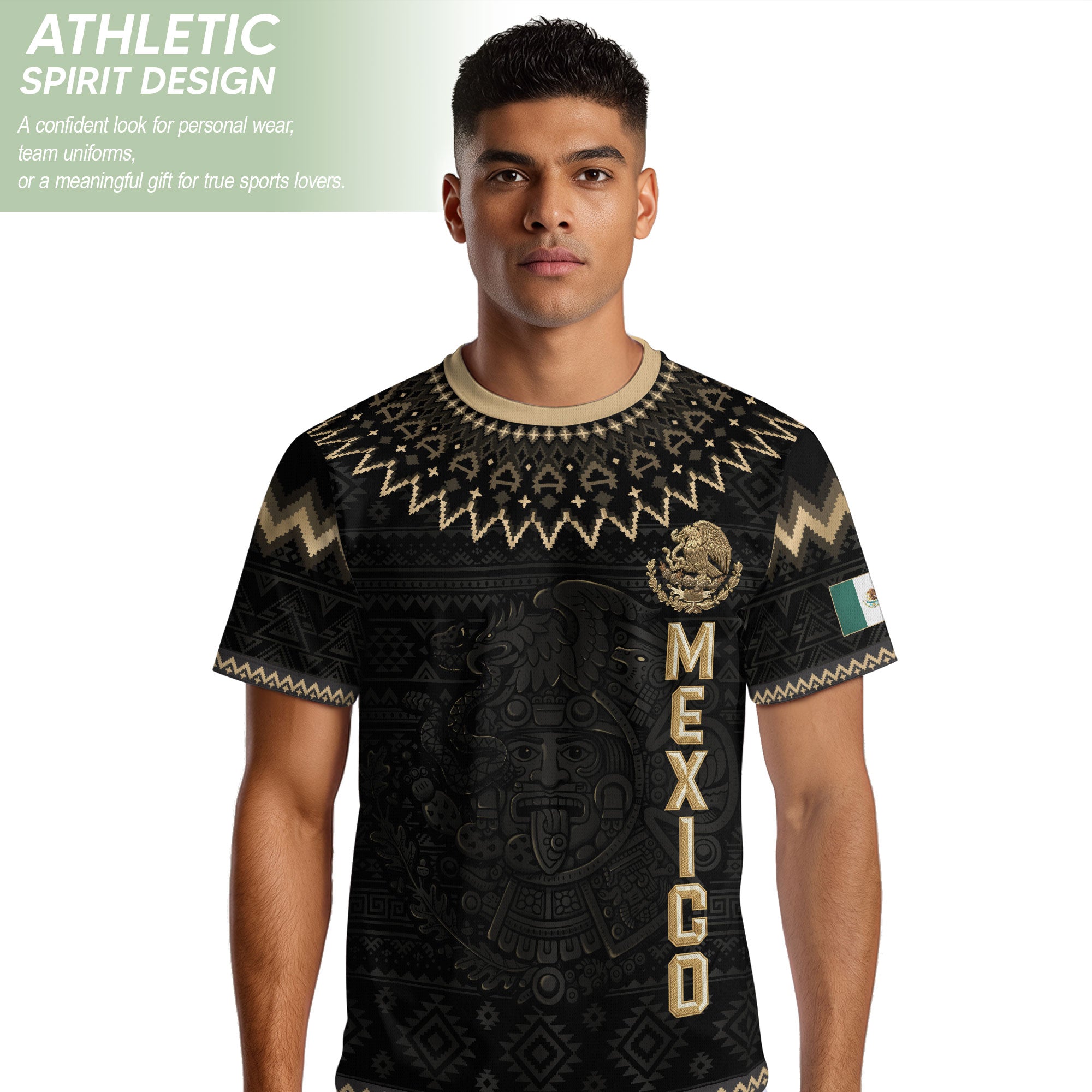 Camiseta de fútbol premium con emblema de águila azteca verde y dorado de México