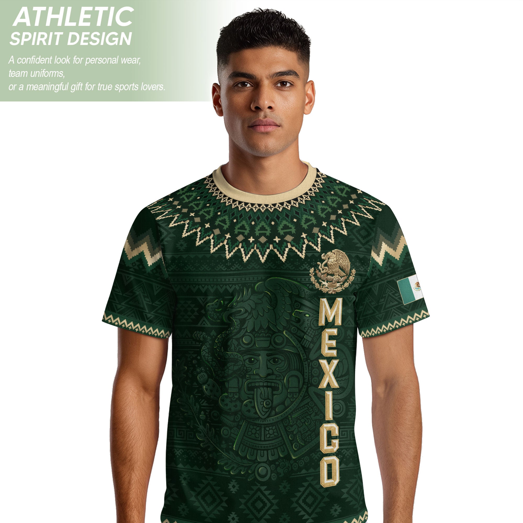 Mexico Heritage Soccer Jersey, Green Gold Aztec Calendar Design Sports Jersey for Men