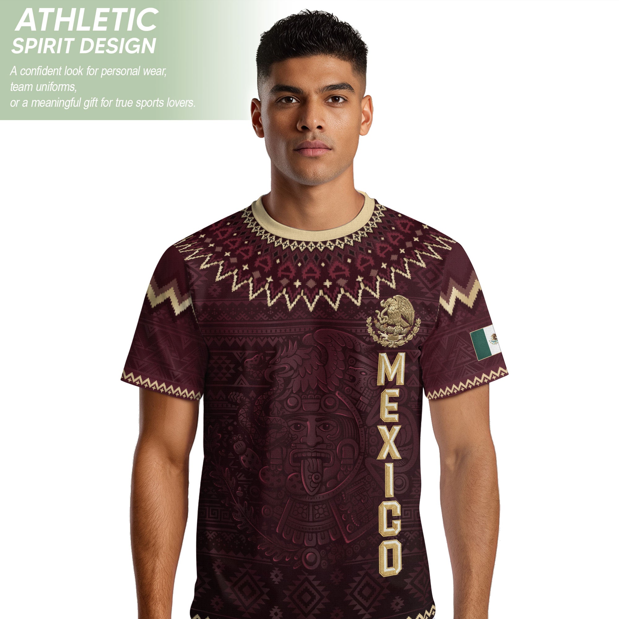 Mexico Heritage Soccer Jersey, Maroon Burgundy Gold Aztec Eagle Design Sports Jersey for Men