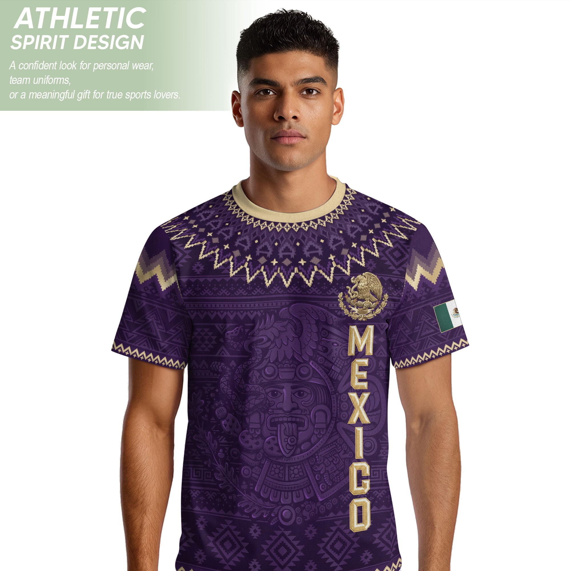 Mexico Heritage Soccer Jersey, Purple Gold Aztec Calendar Design Sports Jersey for Men