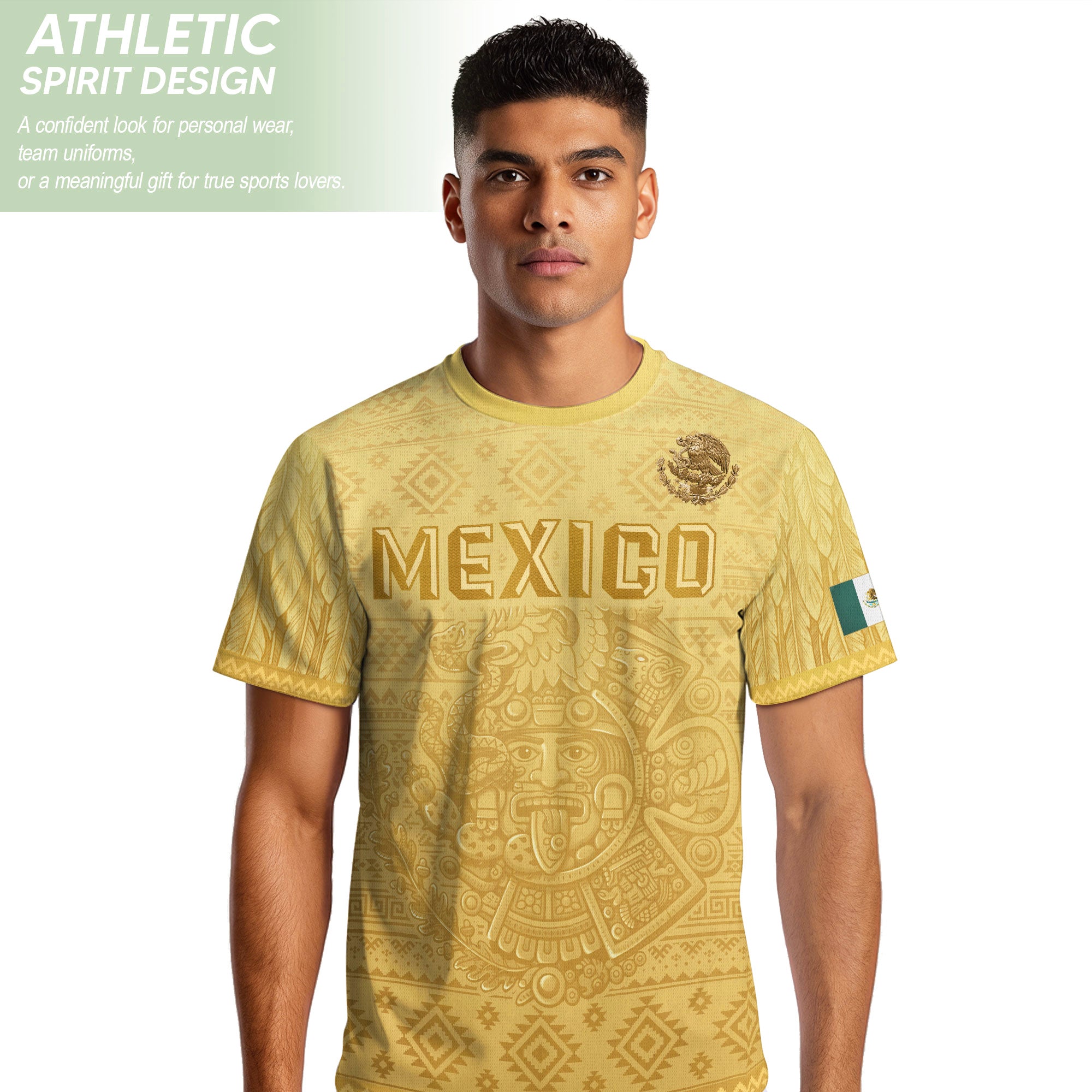 Mexico Heritage Soccer Jersey, Yellow Gold Aztec Calendar Design Sports Jersey for Men