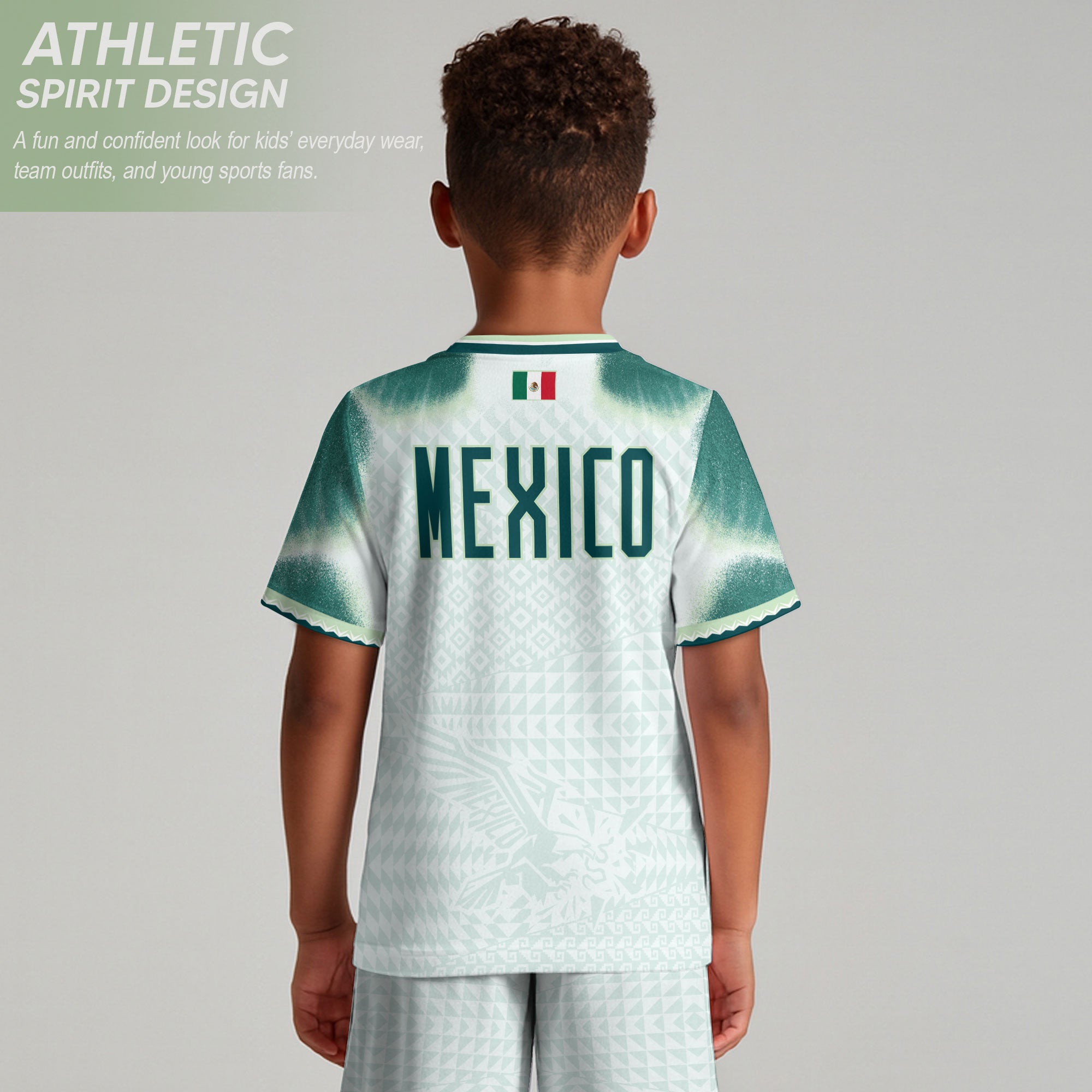 Mexico Soccer Jersey Kids Aztec Eagle Pattern White Youth Football Shirt Fan Sportswear