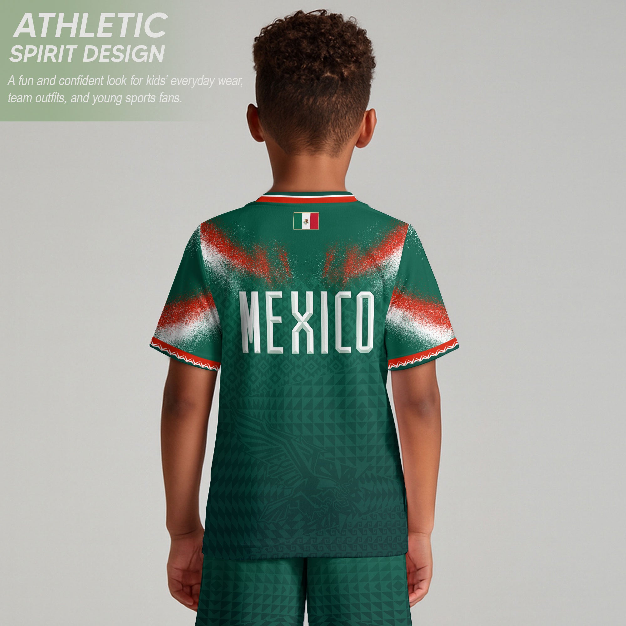 Mexico Soccer Jersey Kids Aztec Pattern Tricolor Green Youth Football Shirt Fan Tee