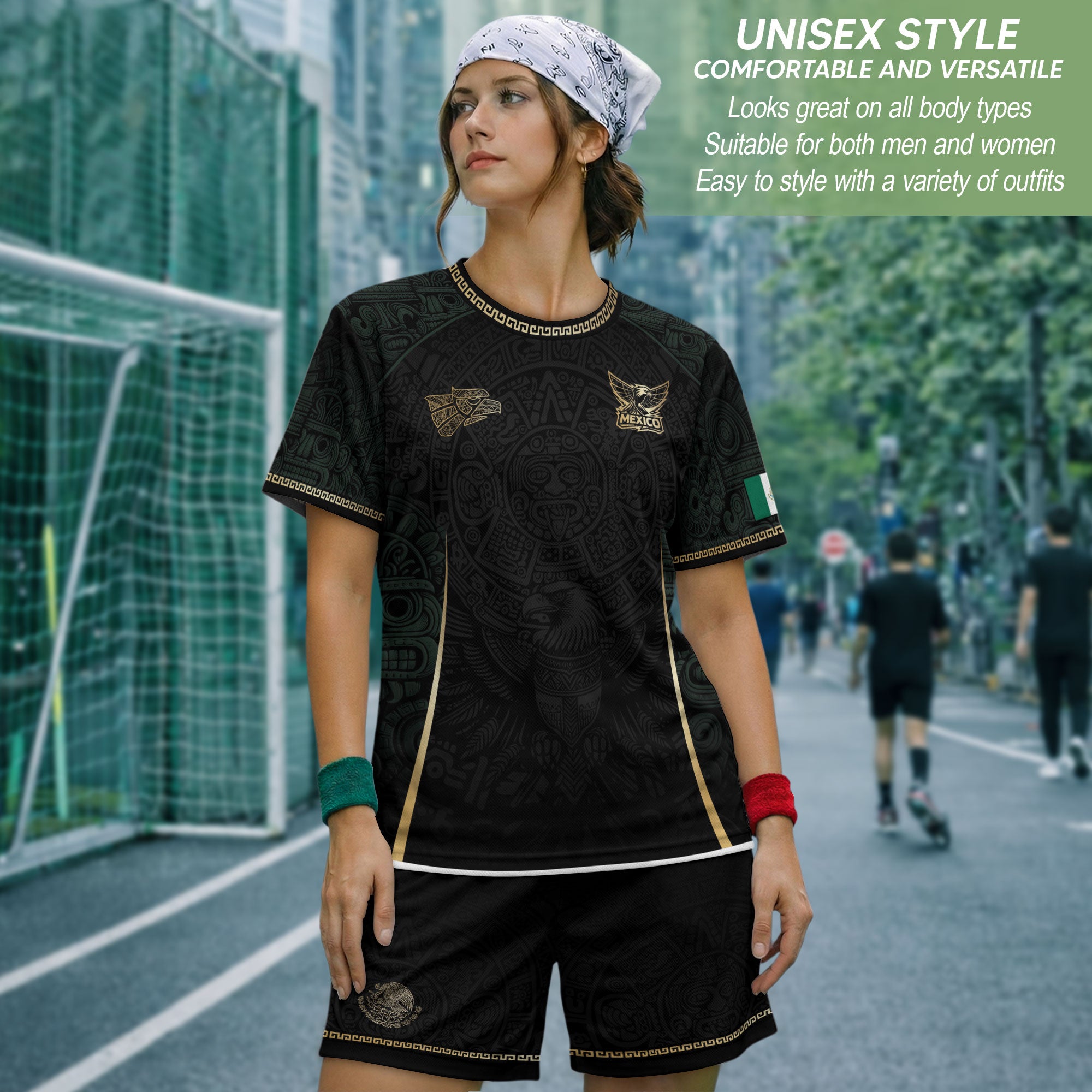 Camiseta de fútbol premium con emblema de águila azteca verde y dorado de México