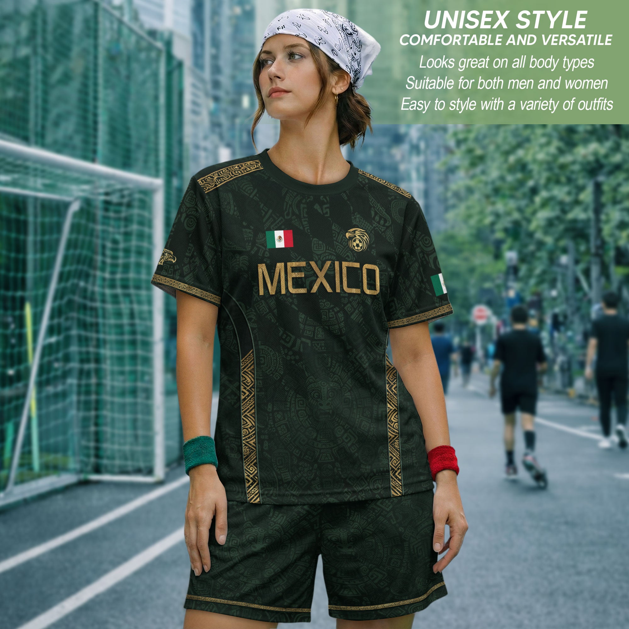 Camiseta de fútbol premium con emblema de águila azteca verde y dorado de México