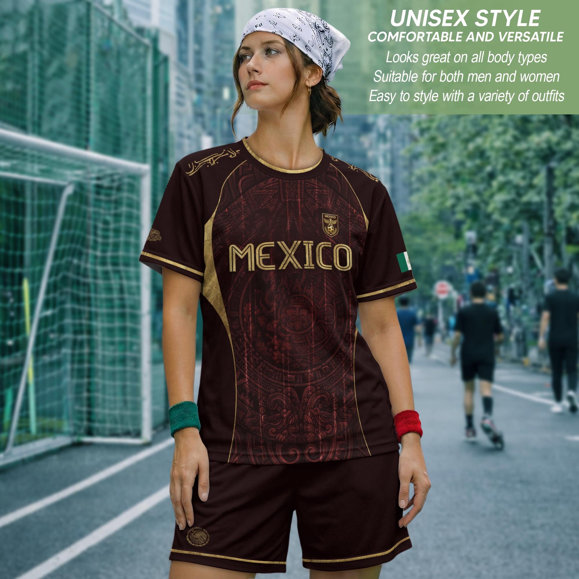 Camiseta de fútbol premium con emblema de águila azteca verde y dorado de México