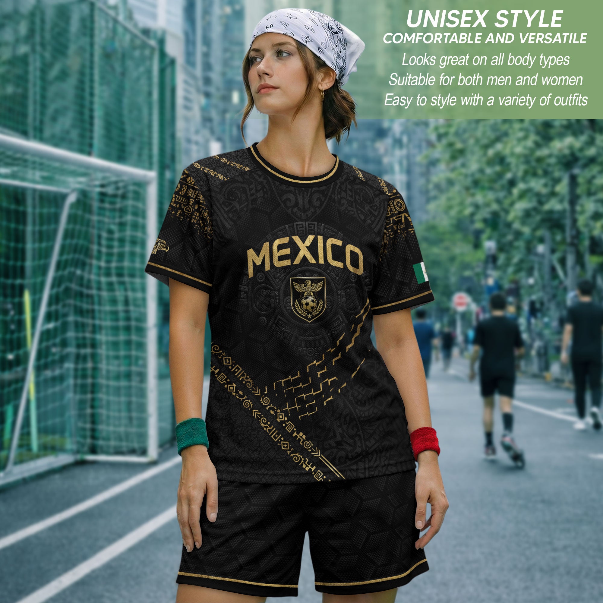 Camiseta de fútbol premium con emblema de águila azteca verde y dorado de México