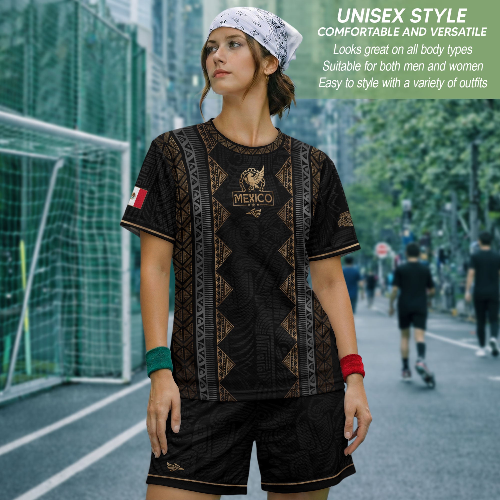 Camiseta de fútbol premium con emblema de águila azteca verde y dorado de México